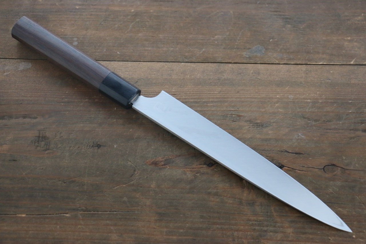 北岡 英雄 白鋼二號 大馬士革紋 柳刃 210mm 紫檀木握把 - 清助刃物