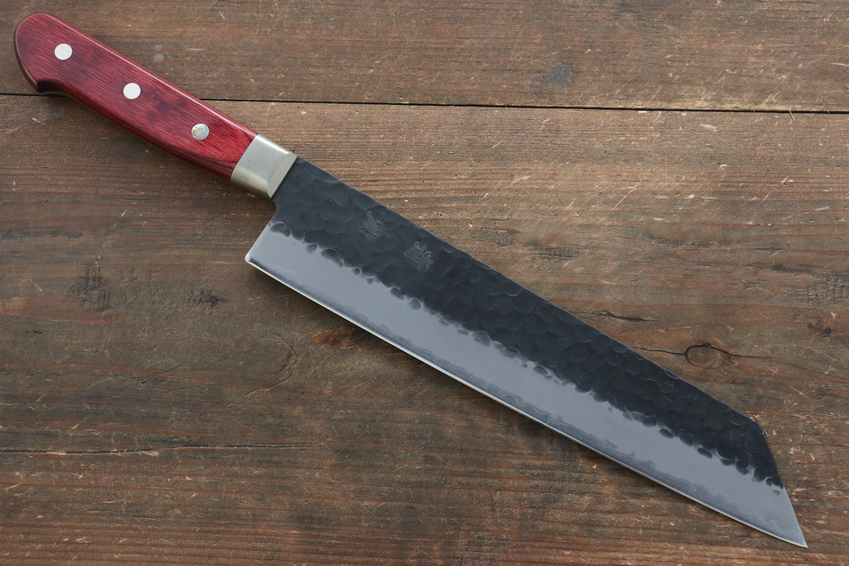 清助 黑紅 超級青鋼 鎚目 黑打 切付牛刀 240mm 紅合成木 握把 - 清助刃物