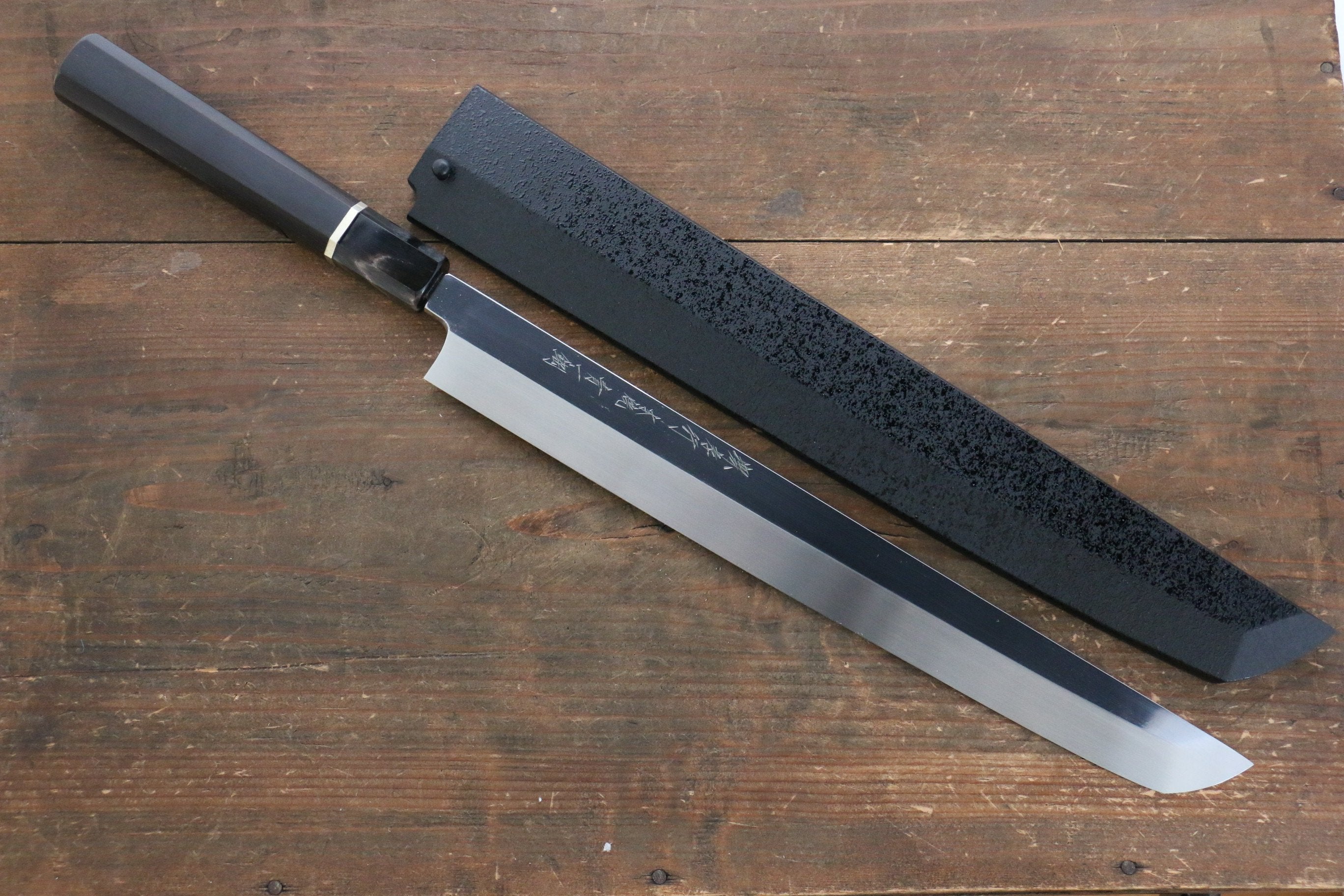 堺 孝行 本燒 青鋼一號 鏡面處理 先丸蛸引 300mm 黑檀(帶環型設計)握把 附刀鞘 - 清助刃物