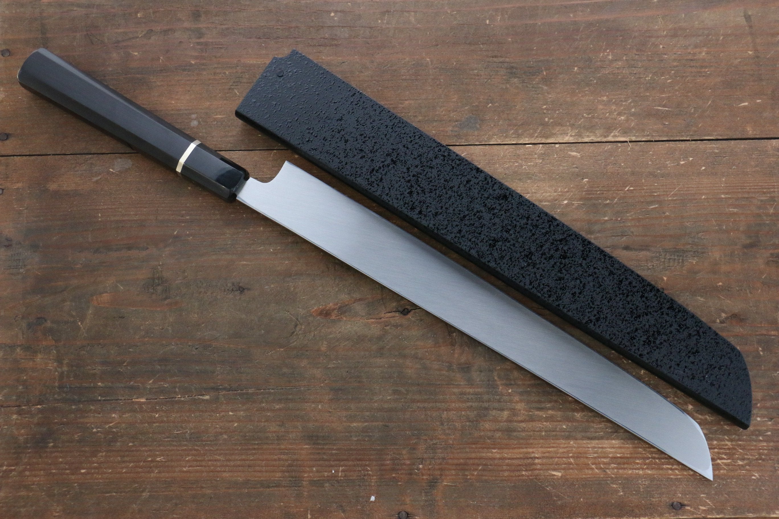 堺 孝行 本燒 青鋼一號 鏡面處理 先丸蛸引 300mm 黑檀(帶環型設計)握把 附刀鞘 - 清助刃物