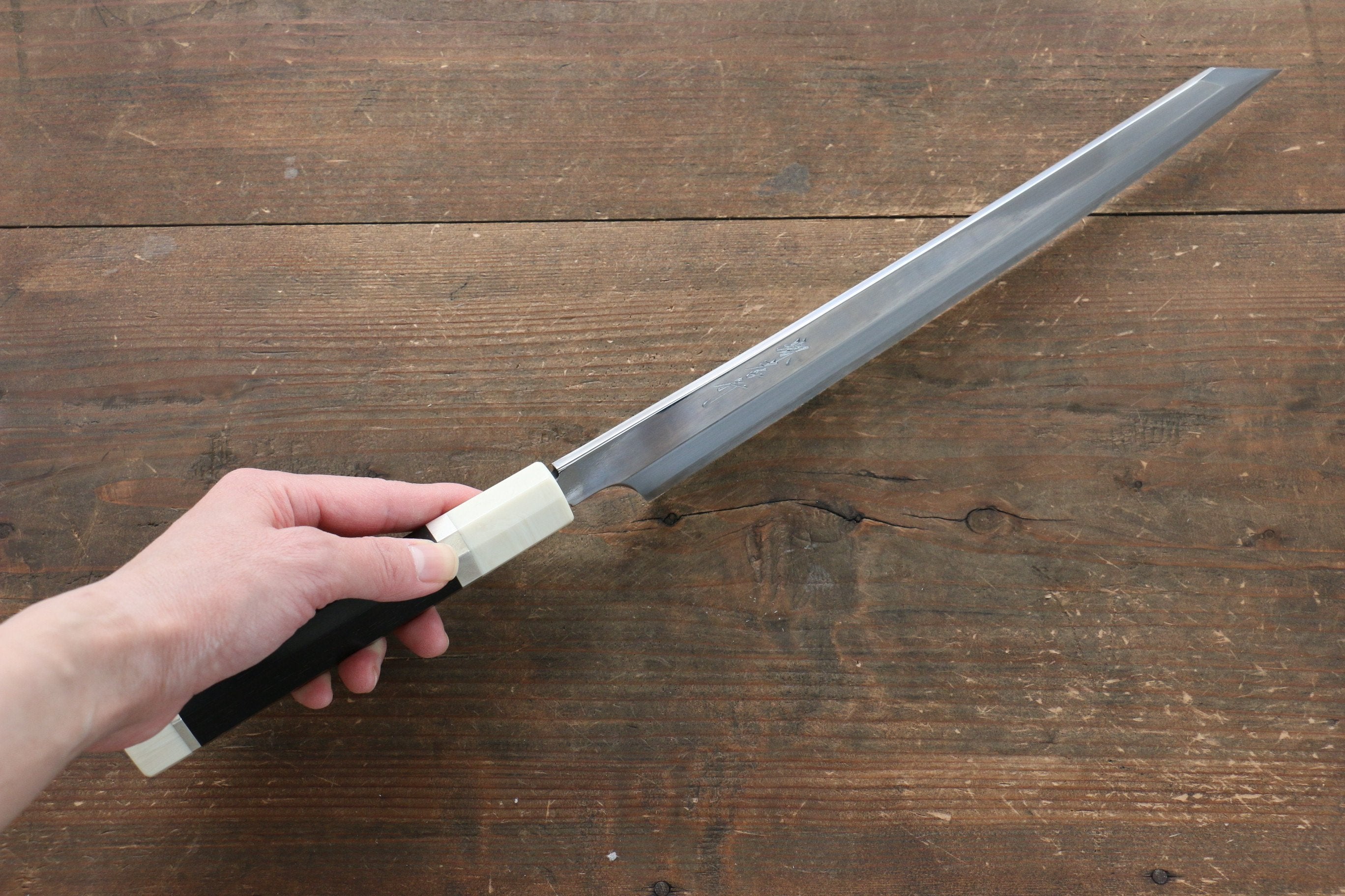 堺 孝行 飛燕 銀三鋼 鏡面處理 切付柳刃 270mm 黑檀(兩側帶環型設計)握把 附刀鞘 - 清助刃物