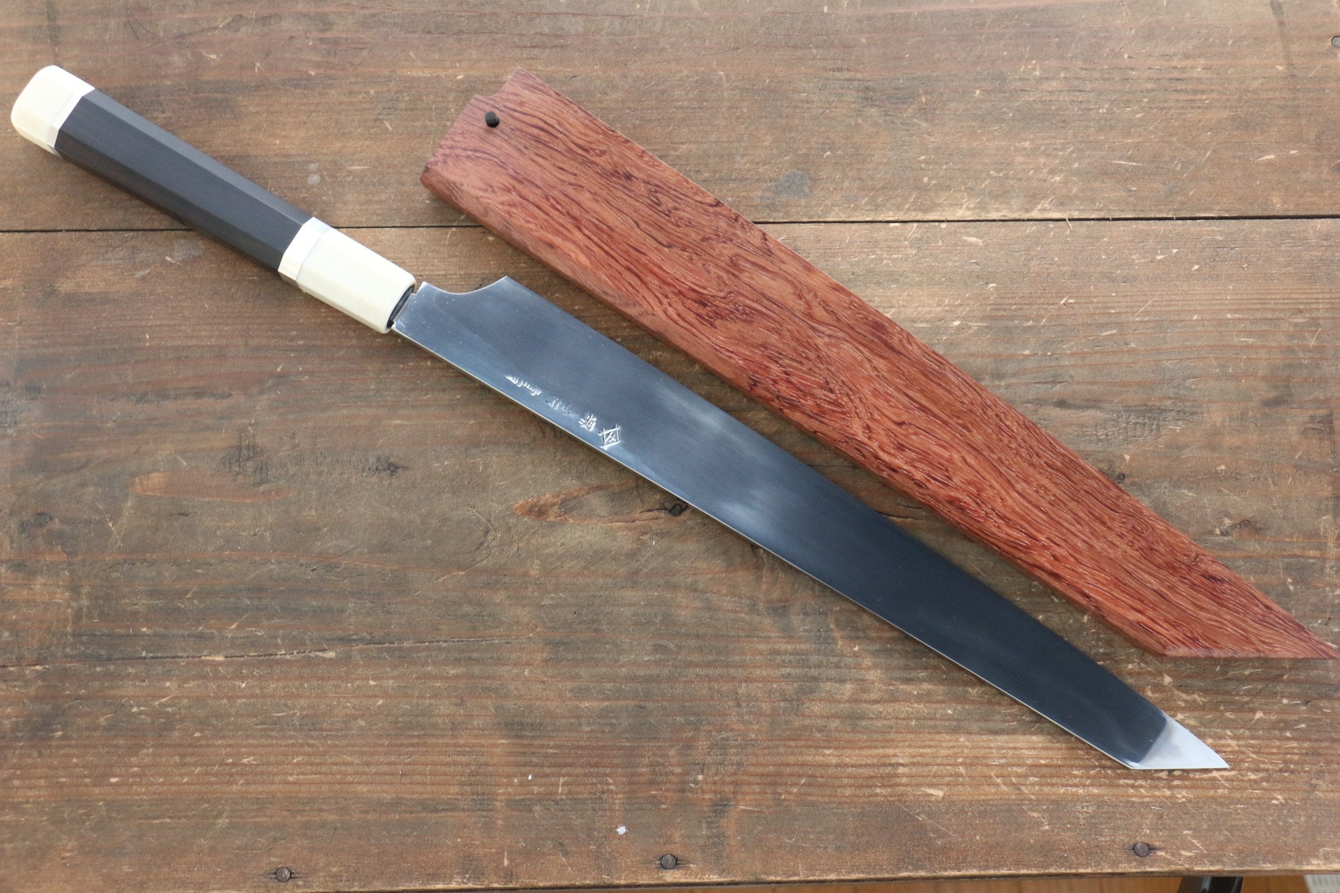 堺 孝行 青鋼一號 柳刃 300mm 花梨柄(帶三個環型設計)握把 附刀鞘 - 清助刃物