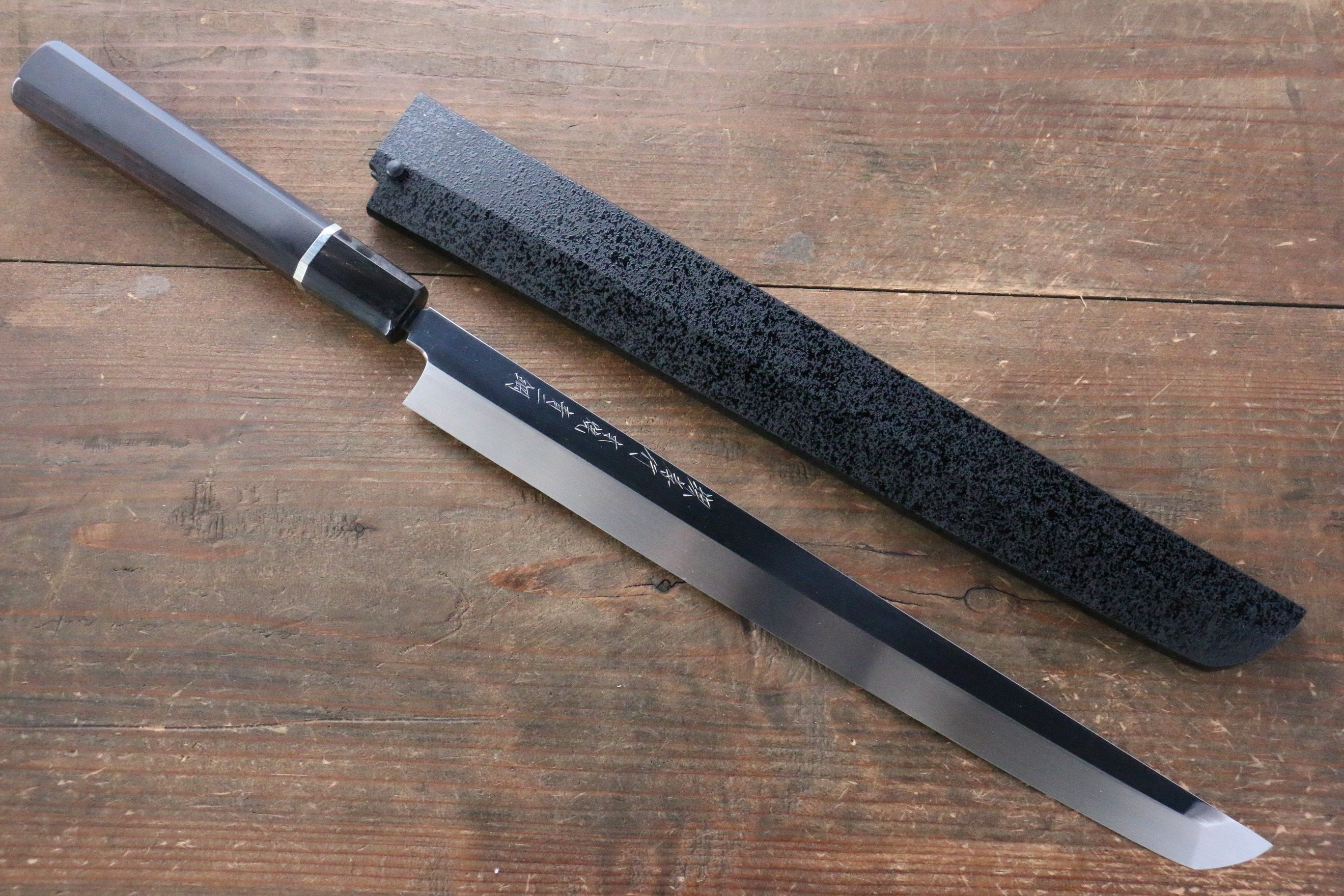 堺 孝行 本燒 青鋼二號 鏡面處理 先丸蛸引 300mm 黑檀(帶環型設計)握把 附刀鞘 - 清助刃物