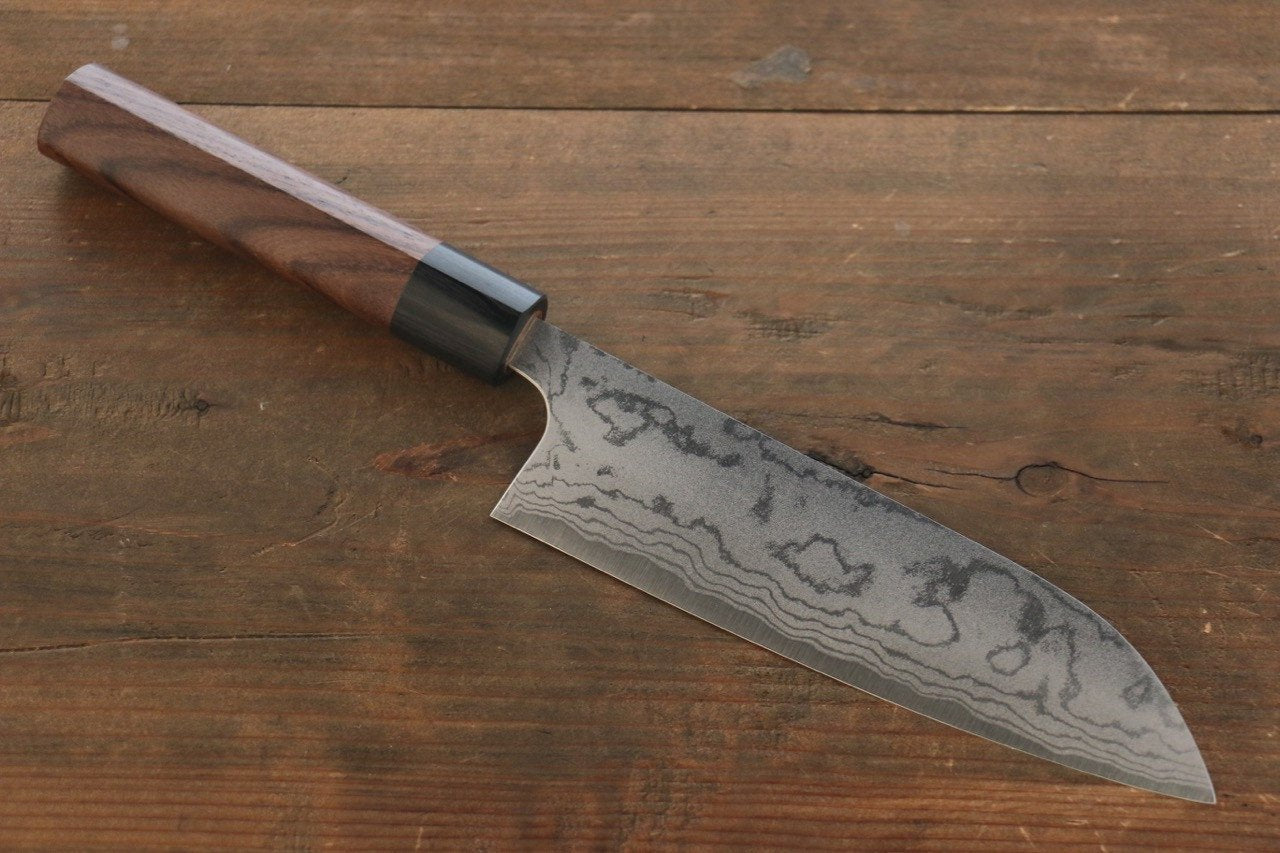 尾形 峻吾 白鋼二號 大馬士革紋 打磨處理 三德刀 180mm 紫檀木 握把 - 清助刃物