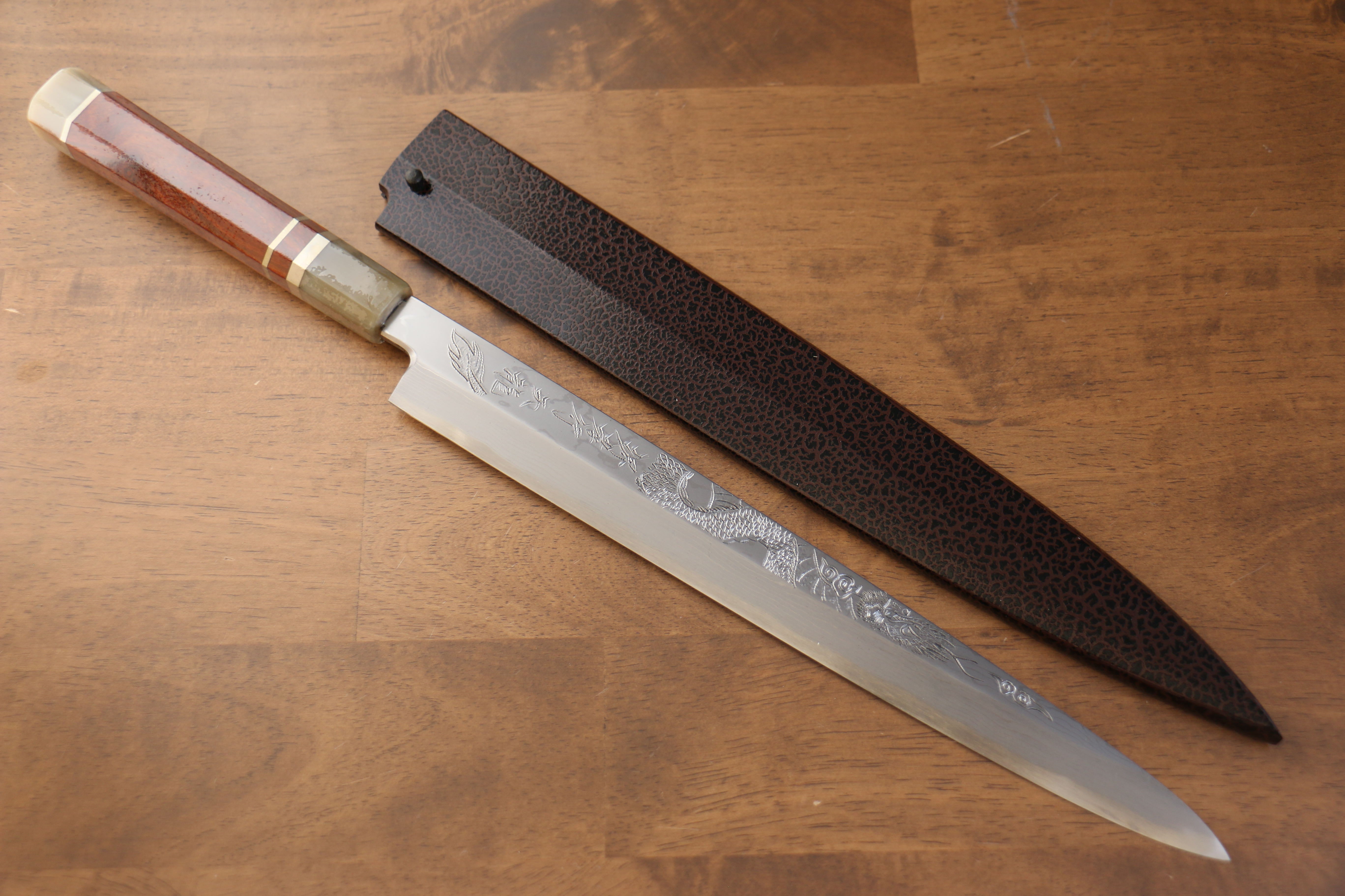 堺 孝行 天龍 Uzushio 渦潮 青鋼二號 刻有龍的圖樣 柳刃 300mm 紅黑檀 握把 附刀鞘 - 系列商品之3 - 清助刃物