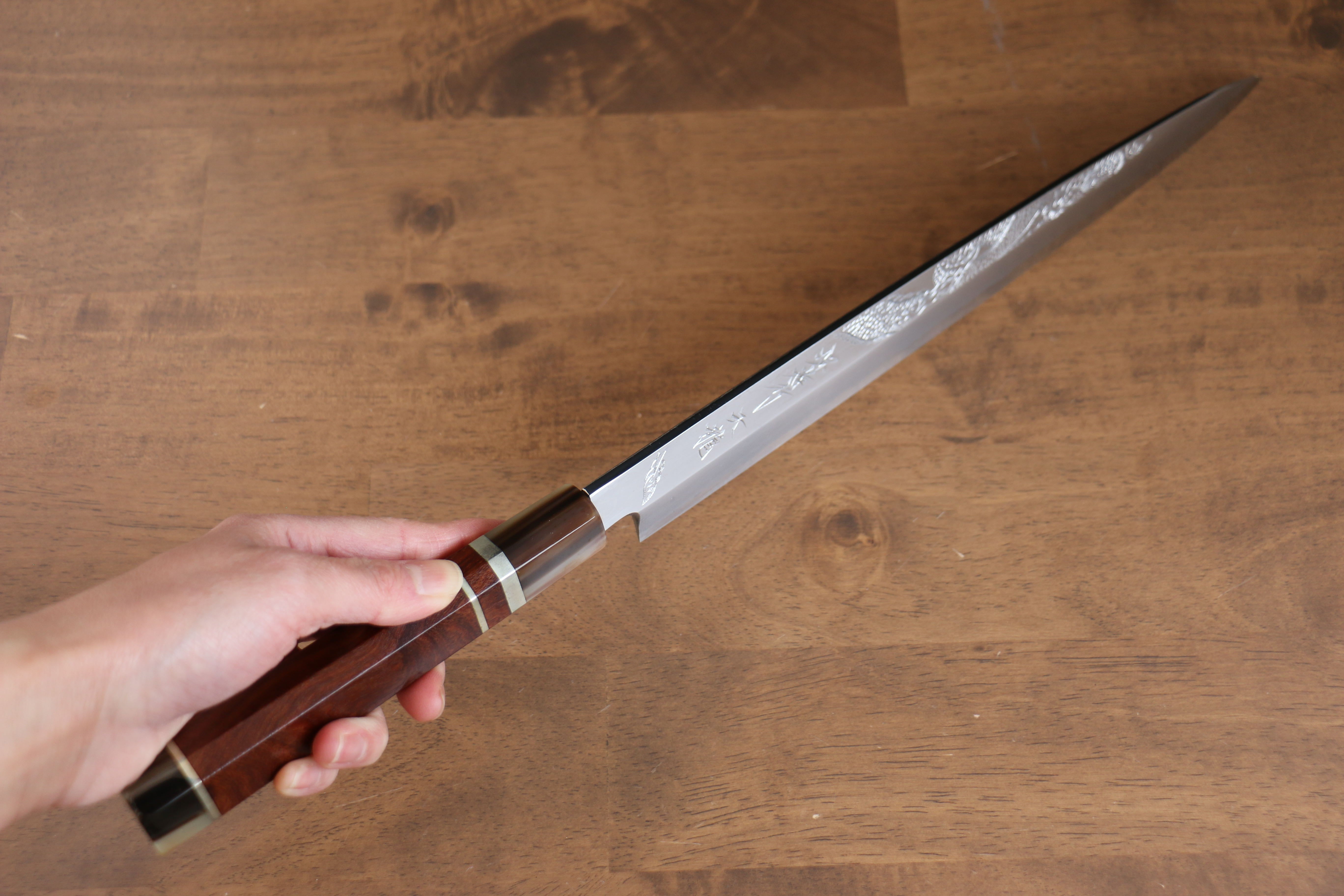 堺 孝行 天龍 Uzushio 渦潮 青鋼二號 刻有龍的圖樣 柳刃 300mm 紅黑檀 握把 附刀鞘 - 系列商品之8 - 清助刃物