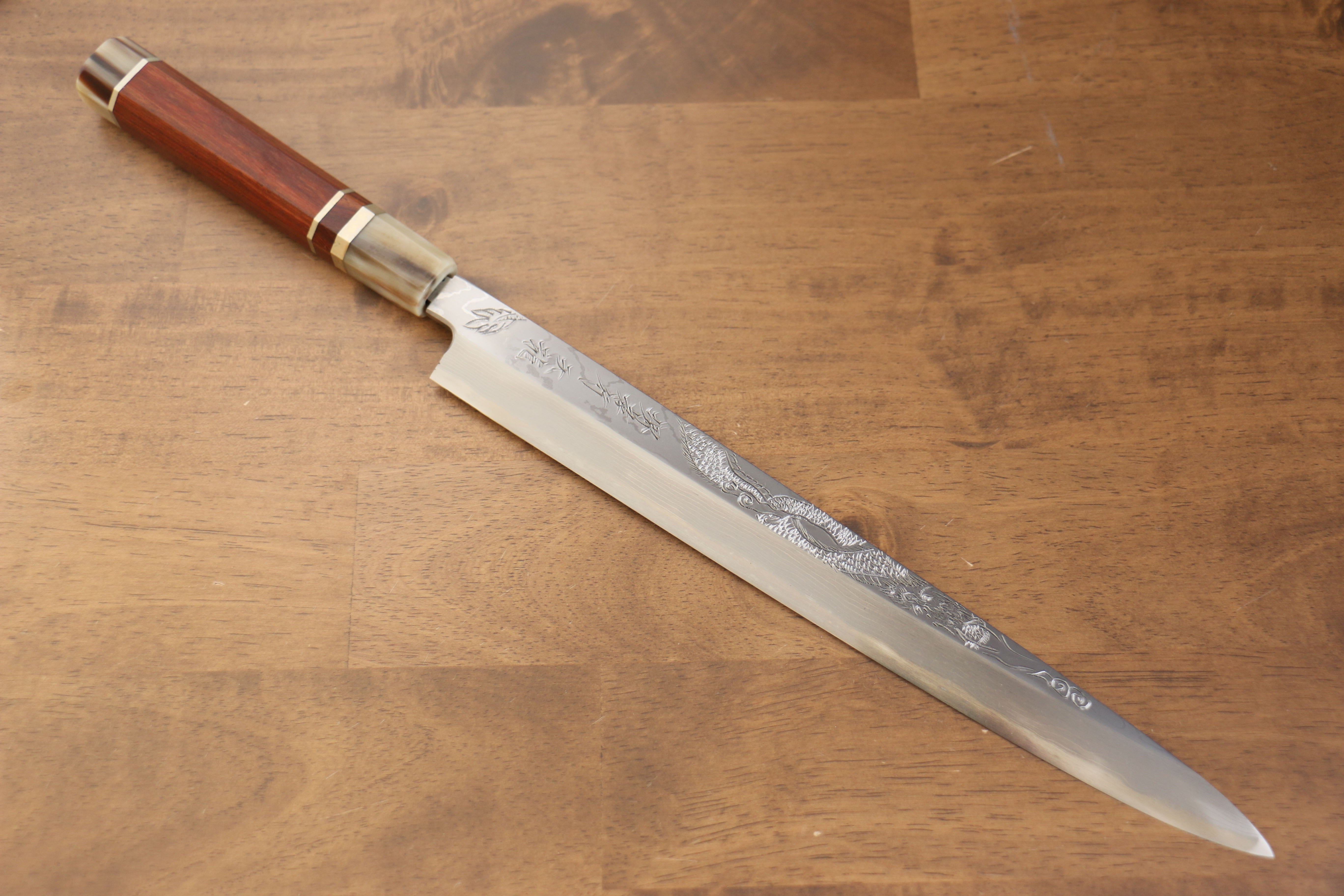 堺 孝行 天龍 Uzushio 渦潮 青鋼二號 刻有龍的圖樣 柳刃 300mm 紅黑檀 握把 附刀鞘 - 系列商品之10 - 清助刃物