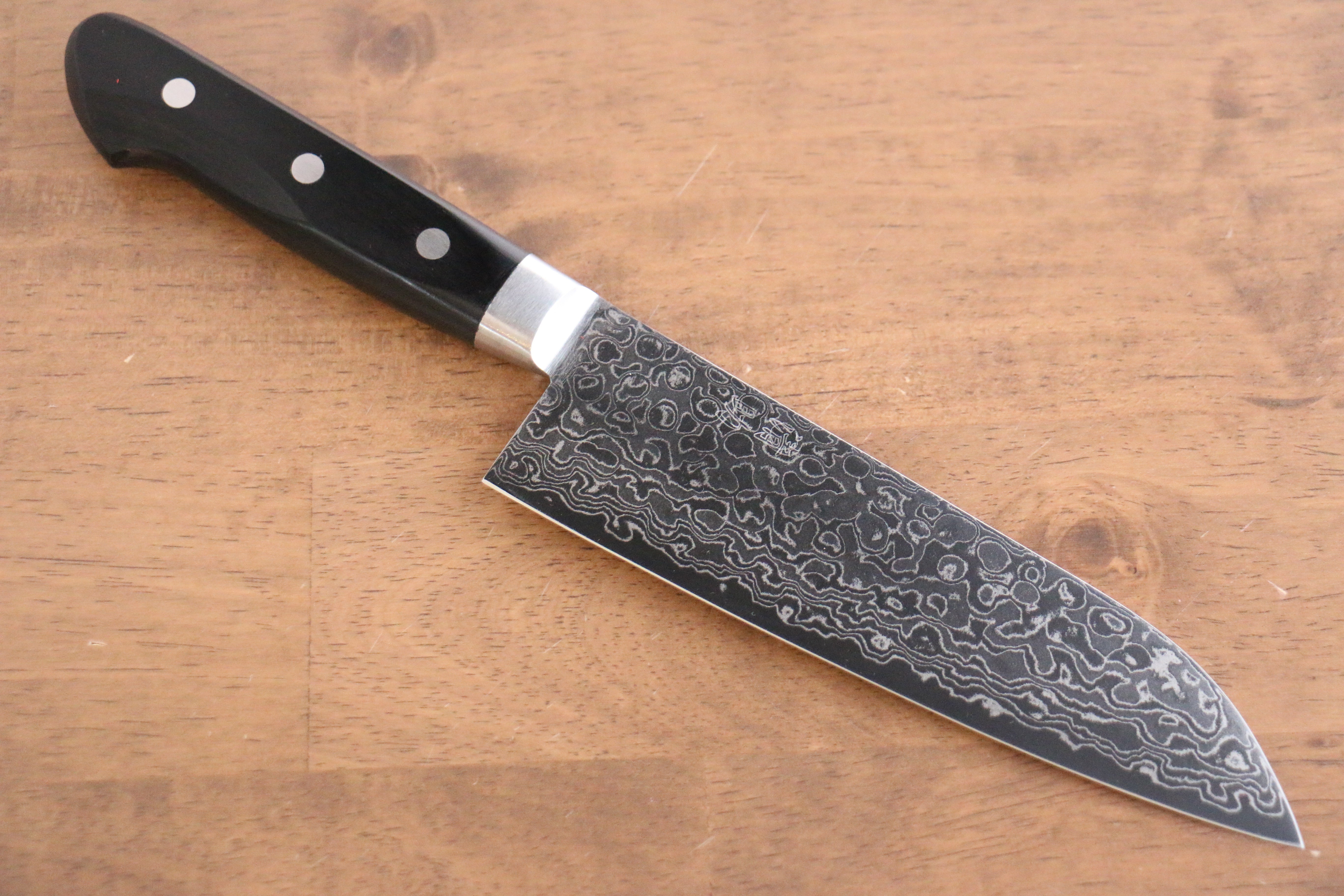 清助 鏡子 AUS10 鏡面處理 大馬士革紋 三德刀 170mm 黑合成木 握把 - 清助刃物