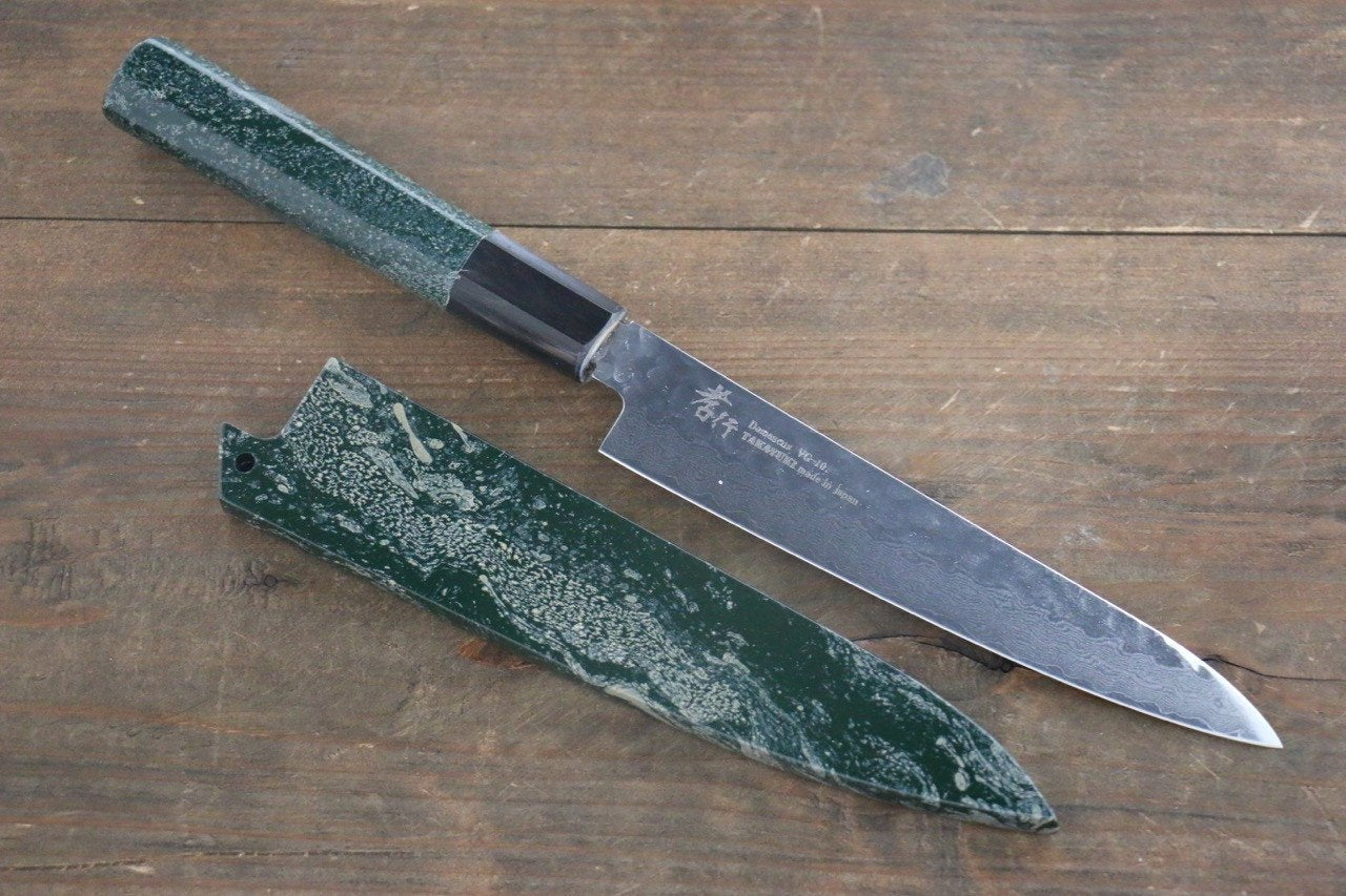 堺 孝行 VG10 33層 大馬士革紋 鎚目 多用途小刀 150mm 綠漆塗握把 - 清助刃物
