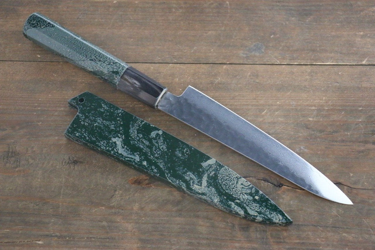 堺 孝行 VG10 33層 大馬士革紋 鎚目 多用途小刀 150mm 綠漆塗握把 - 清助刃物