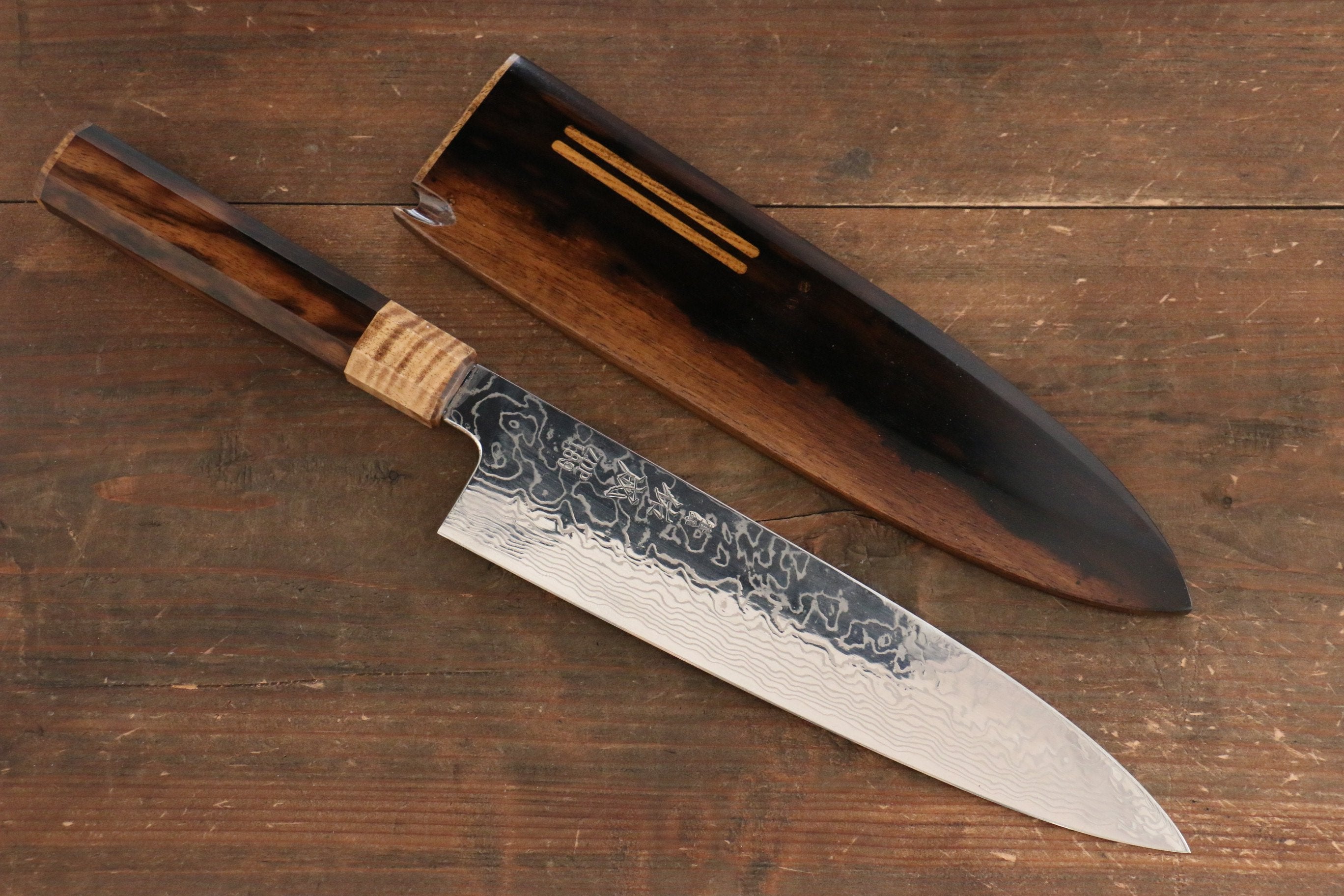 佑成 ZDP189 大馬士革紋 牛刀 240mm 黑柿握把 附刀鞘 - 清助刃物