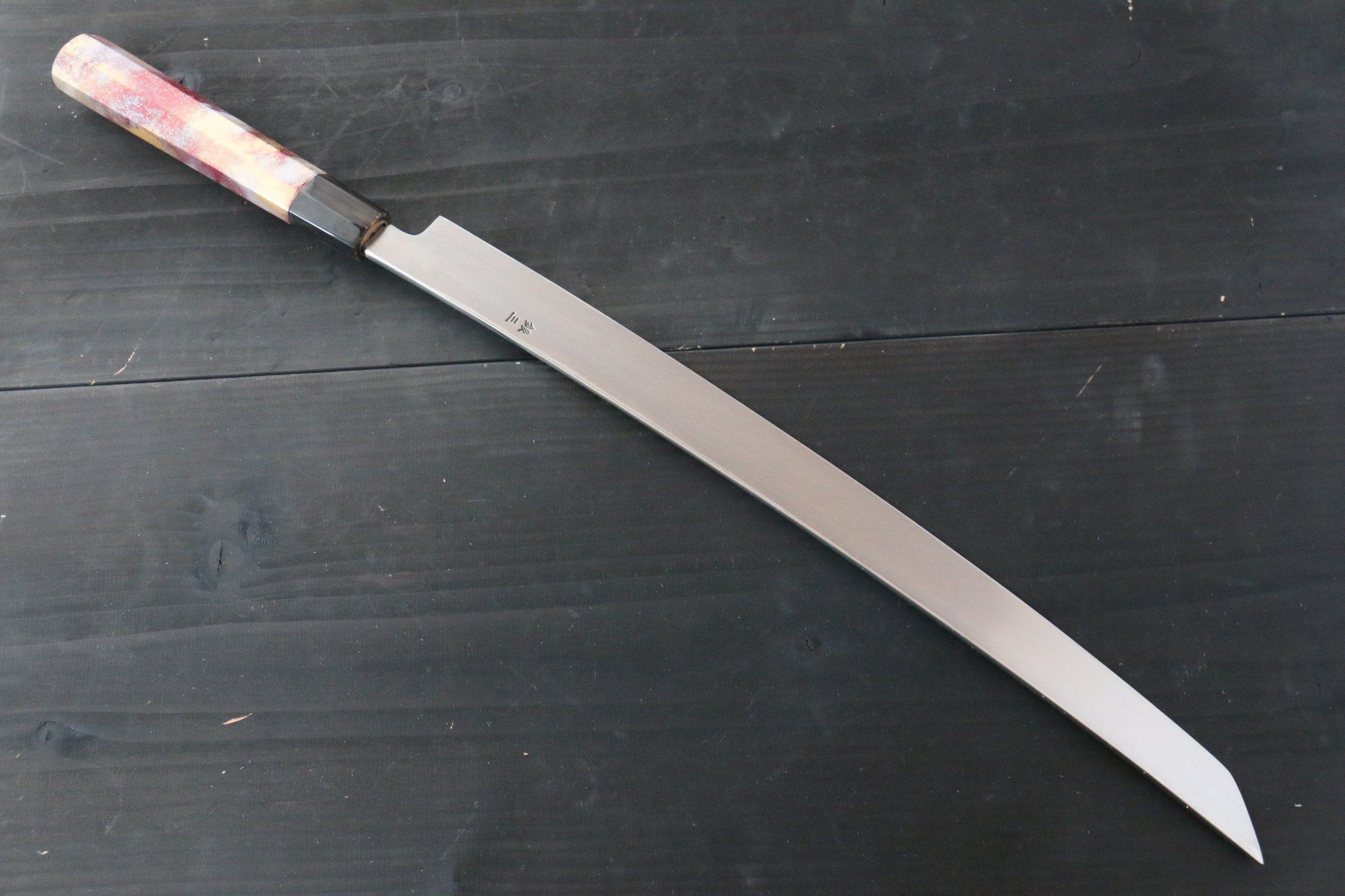 堺 孝行 凛華 銀三鋼 鏡面處理 先丸蛸引 390mm 漆塗握柄 附刀鞘 - 清助刃物