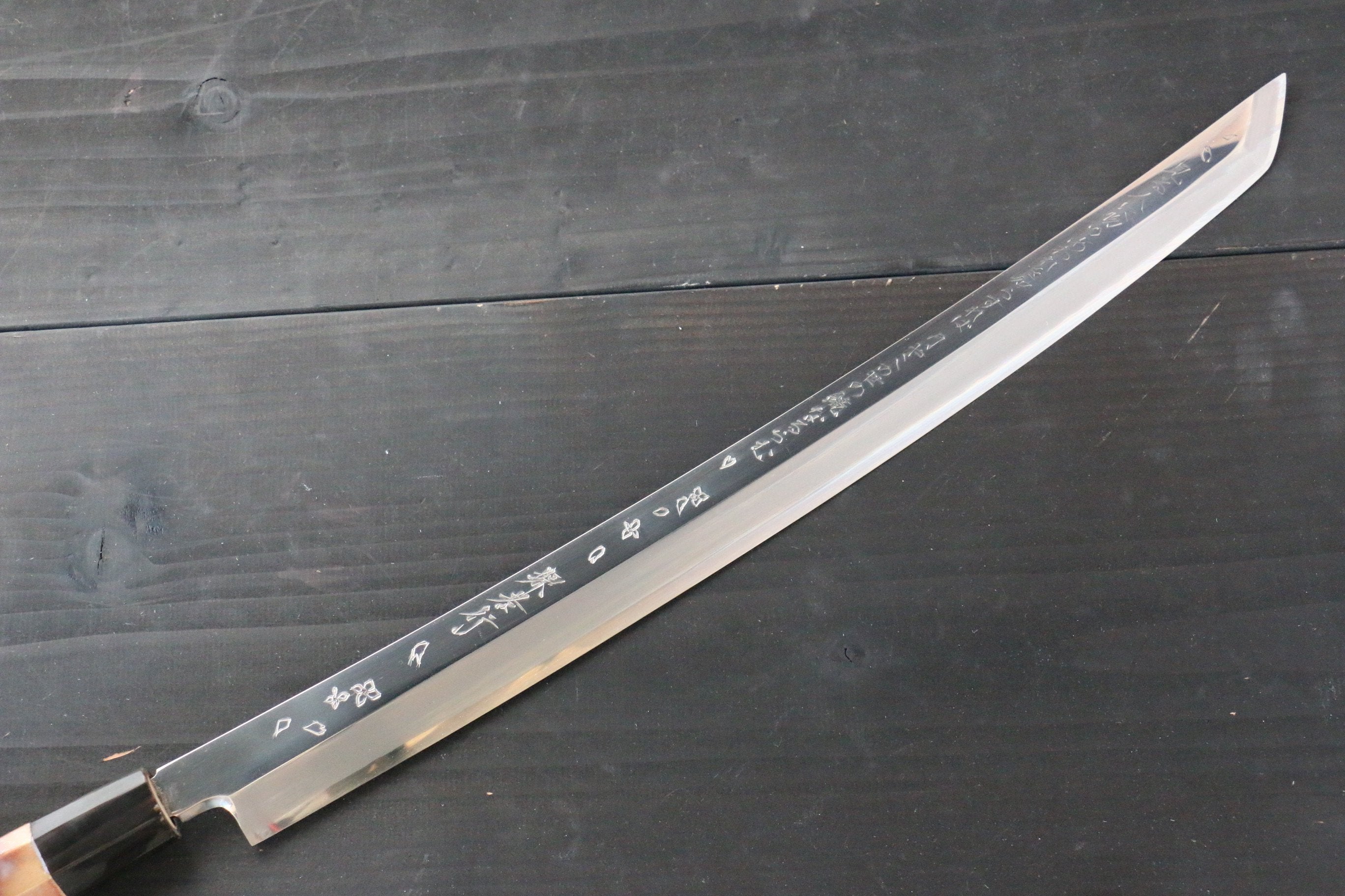 堺 孝行 凛華 銀三鋼 鏡面處理 先丸蛸引 390mm 漆塗握柄 附刀鞘 - 清助刃物