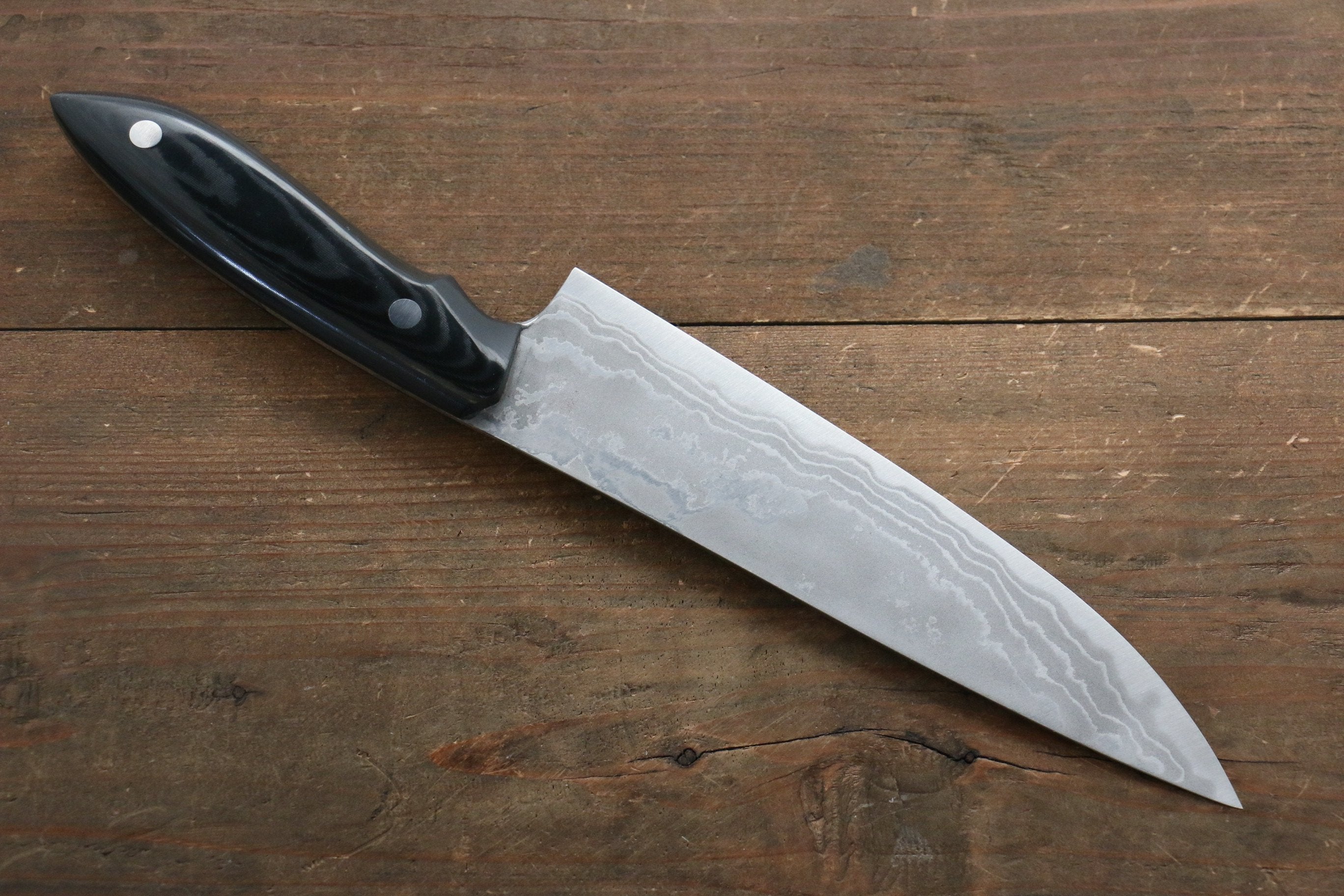 野村 白鋼二號 大馬士革紋 牛刀 180mm 米卡塔(樹脂複合材料)握把 - 清助刃物