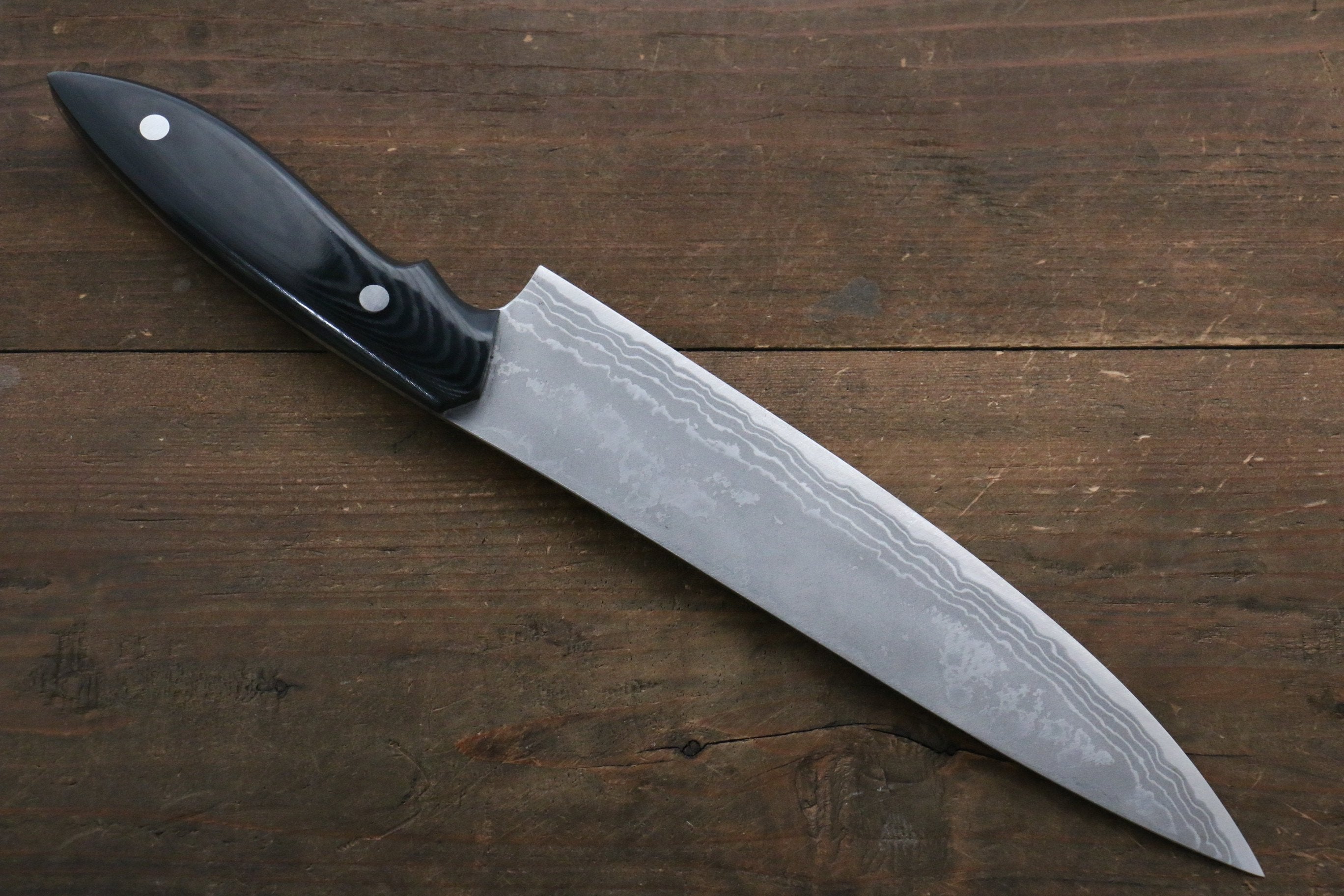 野村 白鋼二號 大馬士革紋 牛刀 210mm 米卡塔(樹脂複合材料)握把 - 清助刃物