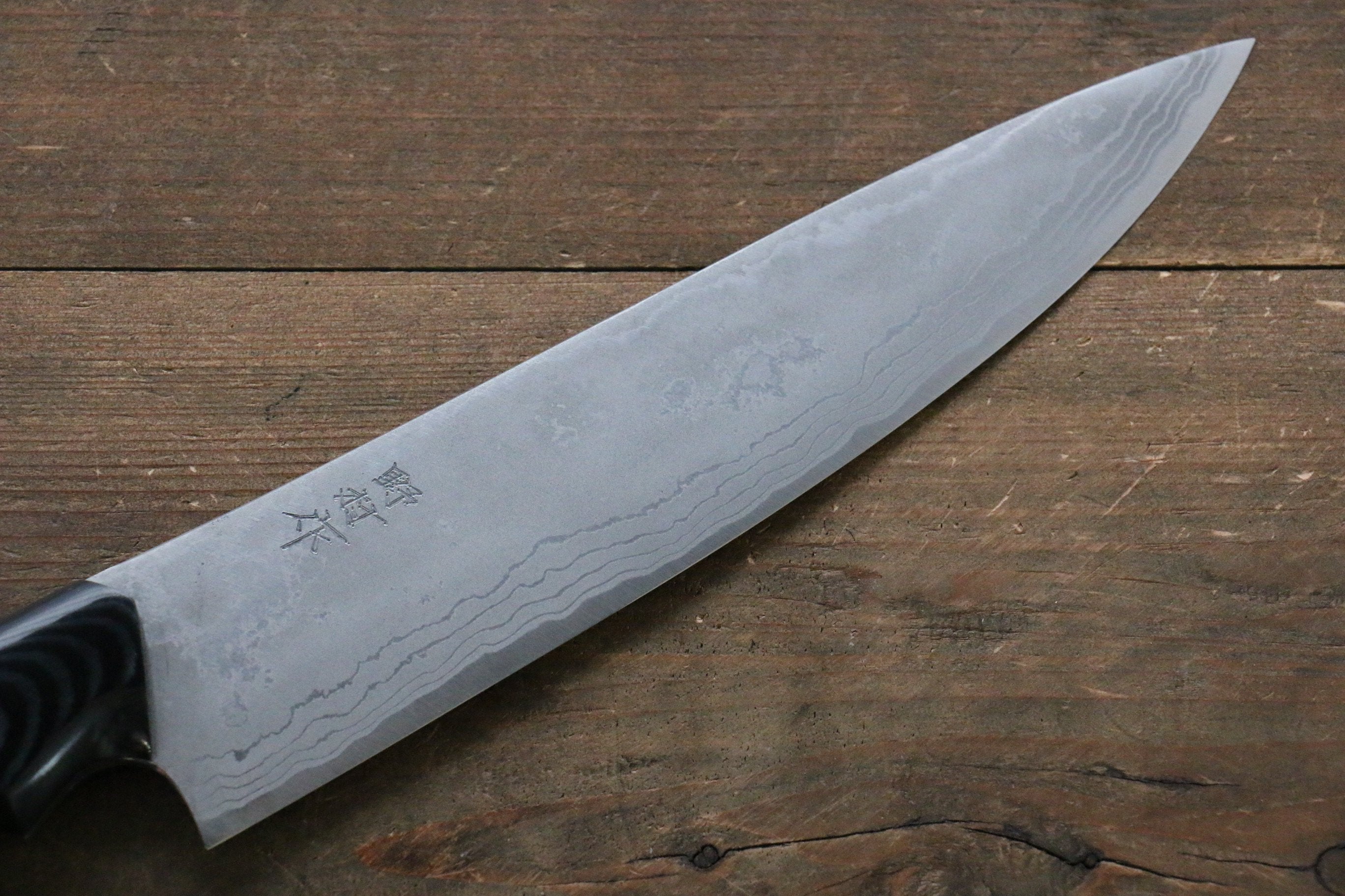 野村 白鋼二號 大馬士革紋 牛刀 210mm 米卡塔(樹脂複合材料)握把 - 清助刃物