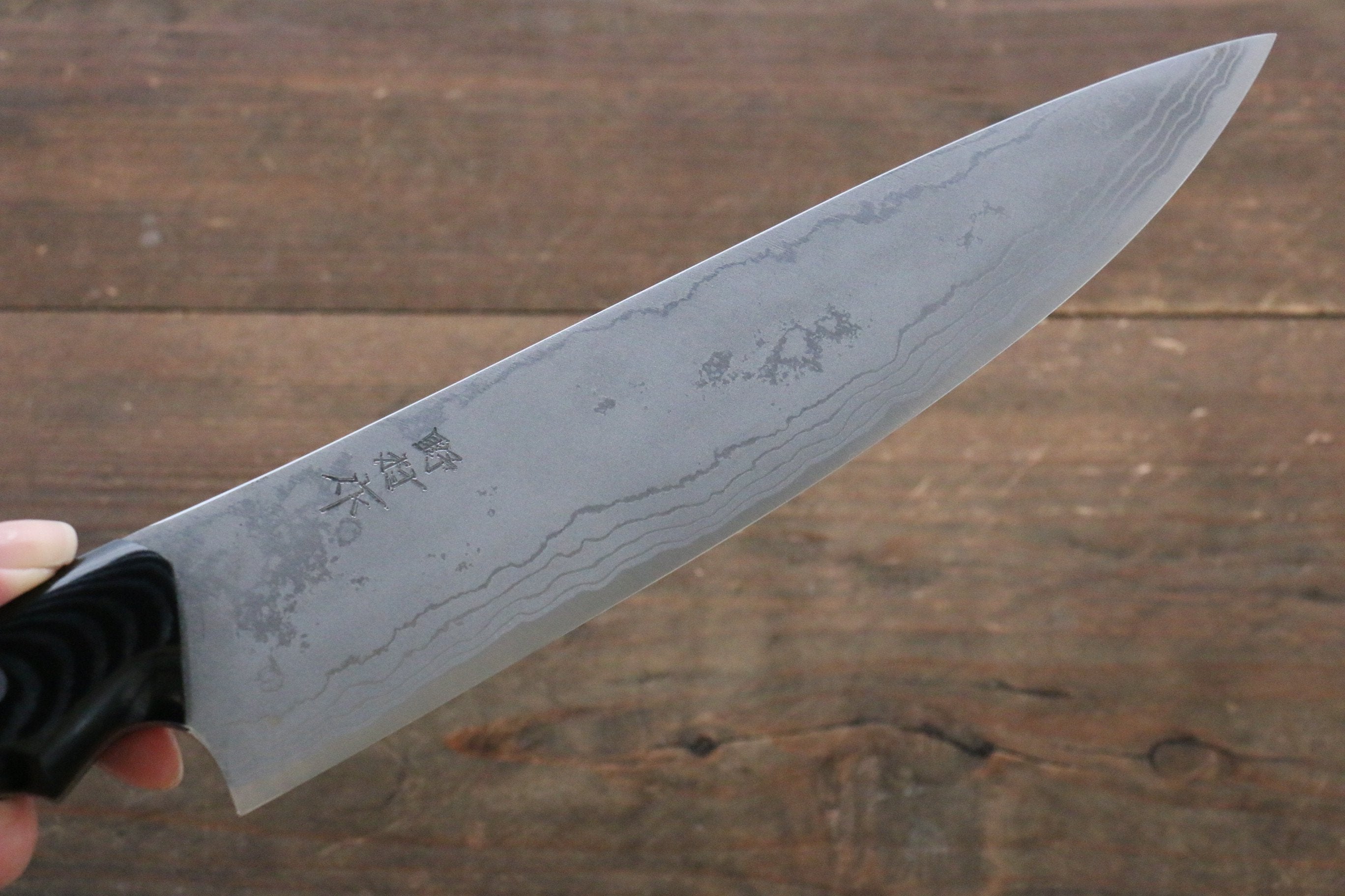 野村 白鋼二號 大馬士革紋 牛刀 210mm 米卡塔(樹脂複合材料)握把 - 清助刃物