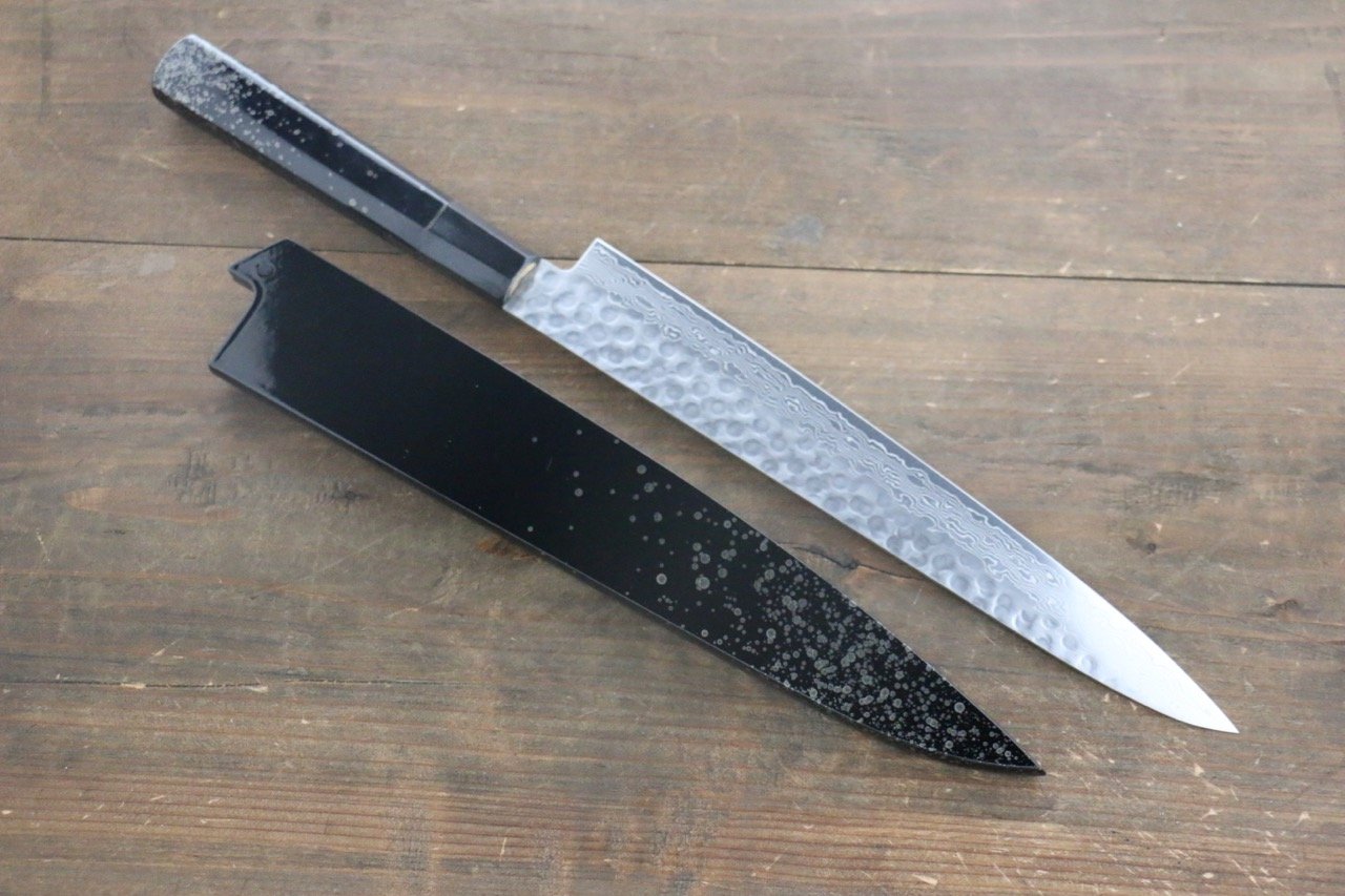 堺 孝行 AUS10 45層大馬士革紋 鎚目 筋引 240mm 銀漆塗握把 附刀鞘 - 清助刃物