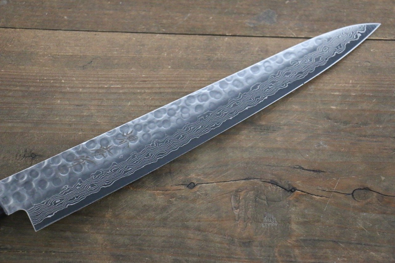 堺 孝行 AUS10 45層大馬士革紋 鎚目 筋引 240mm 銀漆塗握把 附刀鞘 - 清助刃物