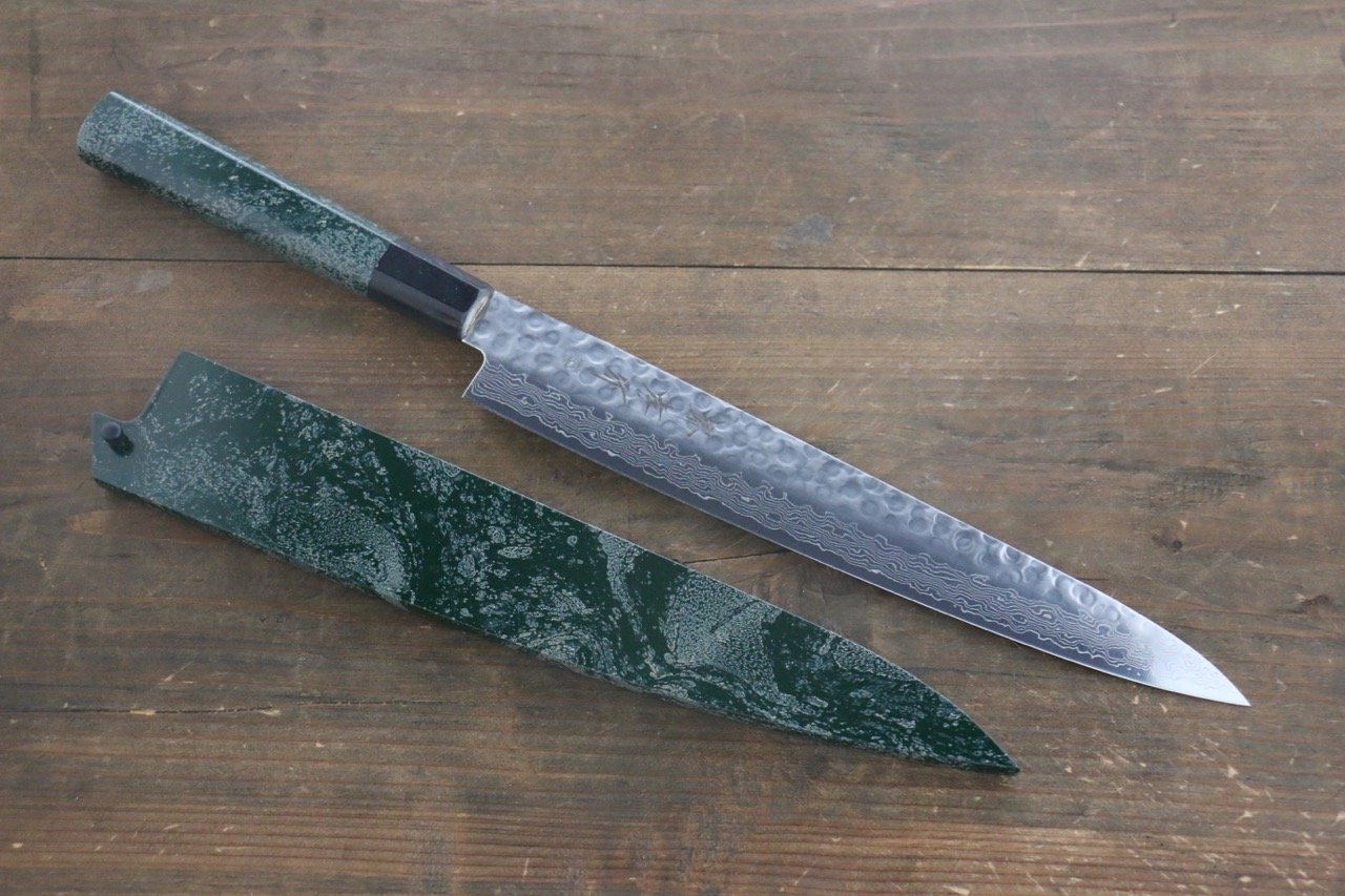 堺 孝行 AUS10 45層大馬士革紋 鎚目 筋引 240mm 綠漆塗握把 附刀鞘 - 清助刃物