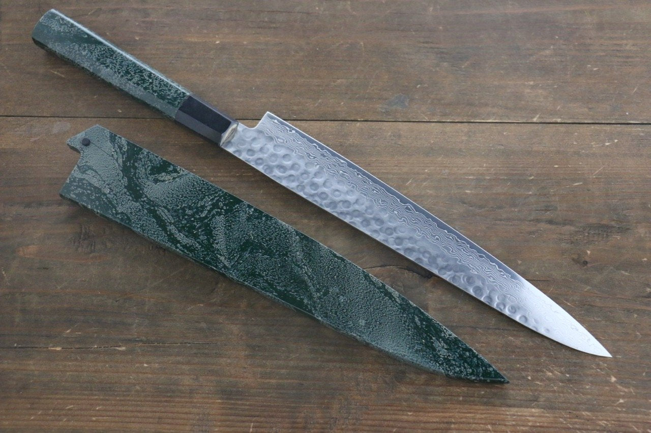 堺 孝行 AUS10 45層大馬士革紋 鎚目 筋引 240mm 綠漆塗握把 附刀鞘 - 清助刃物