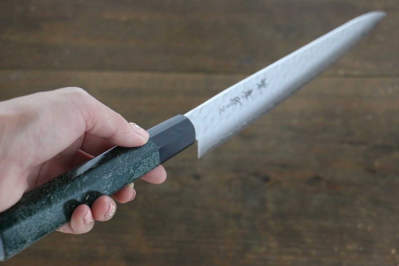 堺 孝行 AUS10 45層大馬士革紋 鎚目 筋引 240mm 綠漆塗握把 附刀鞘 - 清助刃物