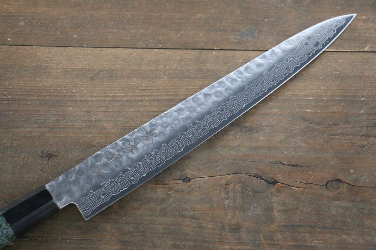 堺 孝行 AUS10 45層大馬士革紋 鎚目 筋引 240mm 綠漆塗握把 附刀鞘 - 清助刃物