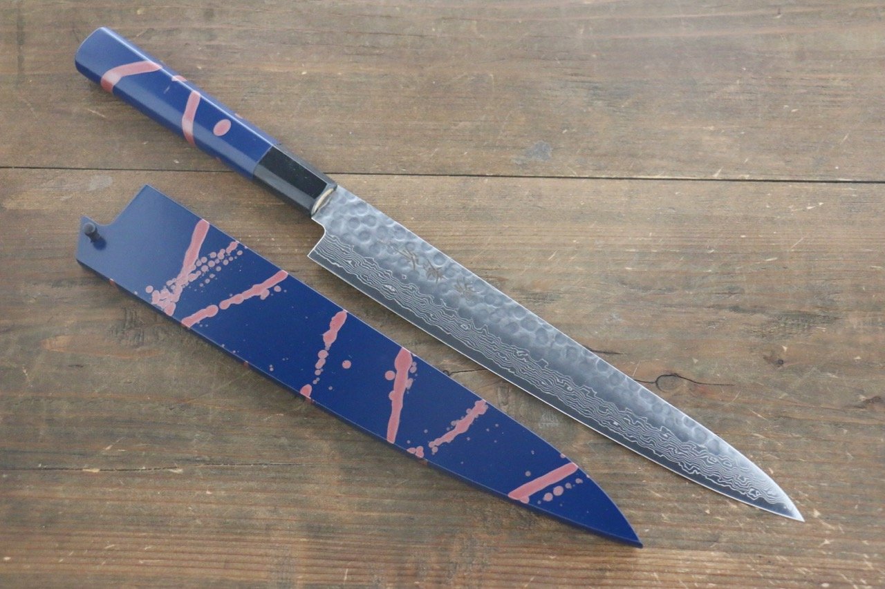 堺 孝行 AUS10 45層大馬士革紋 鎚目 筋引 240mm 青漆塗握把 附刀鞘 - 清助刃物