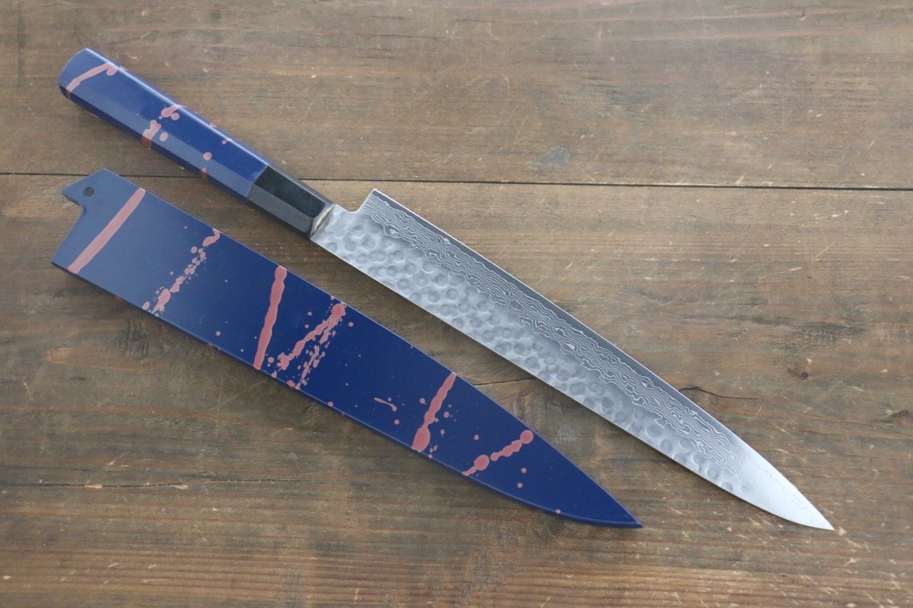 堺 孝行 AUS10 45層大馬士革紋 鎚目 筋引 240mm 青漆塗握把 附刀鞘 - 清助刃物