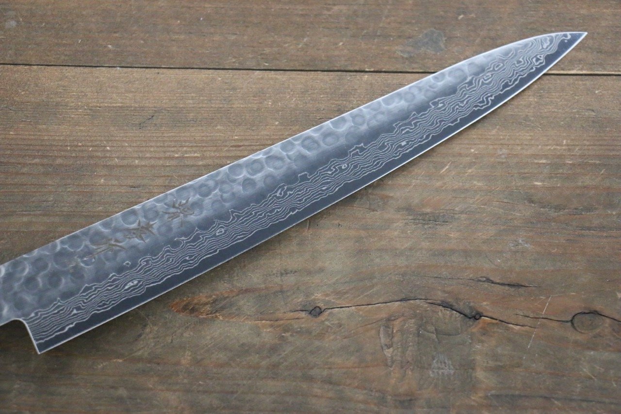 堺 孝行 AUS10 45層大馬士革紋 鎚目 筋引 240mm 青漆塗握把 附刀鞘 - 清助刃物