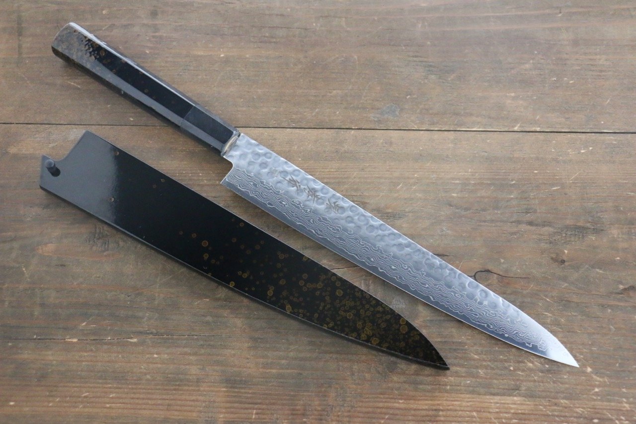 堺 孝行 AUS10 45層大馬士革紋 鎚目 筋引 240mm 金漆塗握把 附刀鞘 - 清助刃物