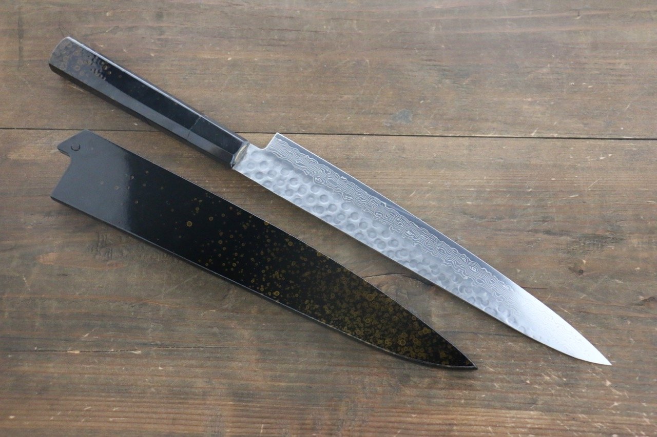 堺 孝行 AUS10 45層大馬士革紋 鎚目 筋引 240mm 金漆塗握把 附刀鞘 - 清助刃物