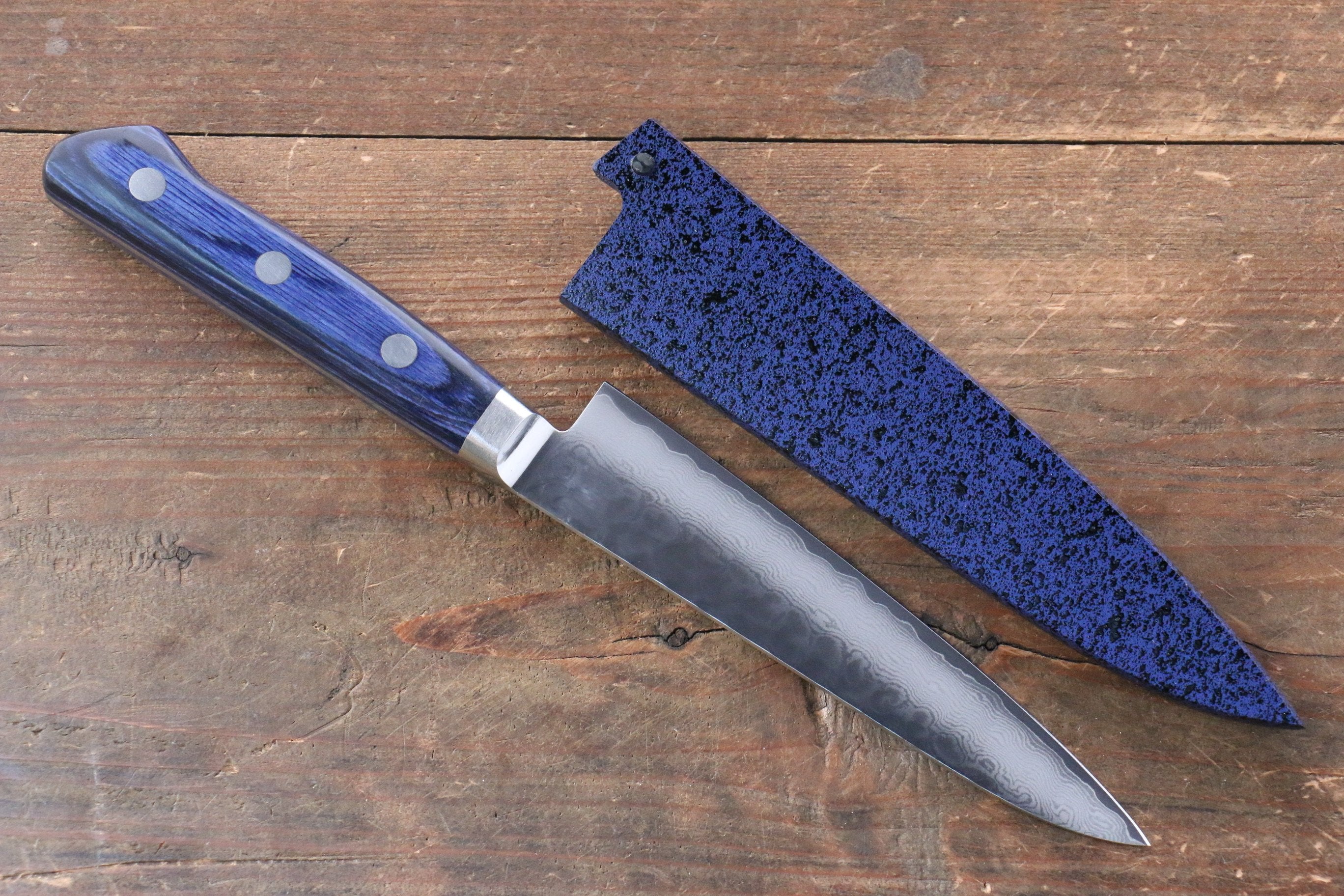 清助 藍雲 VG10 33層 大馬士革紋 多用途小刀 135mm 青合成木 握把 附刀鞘 - 清助刃物