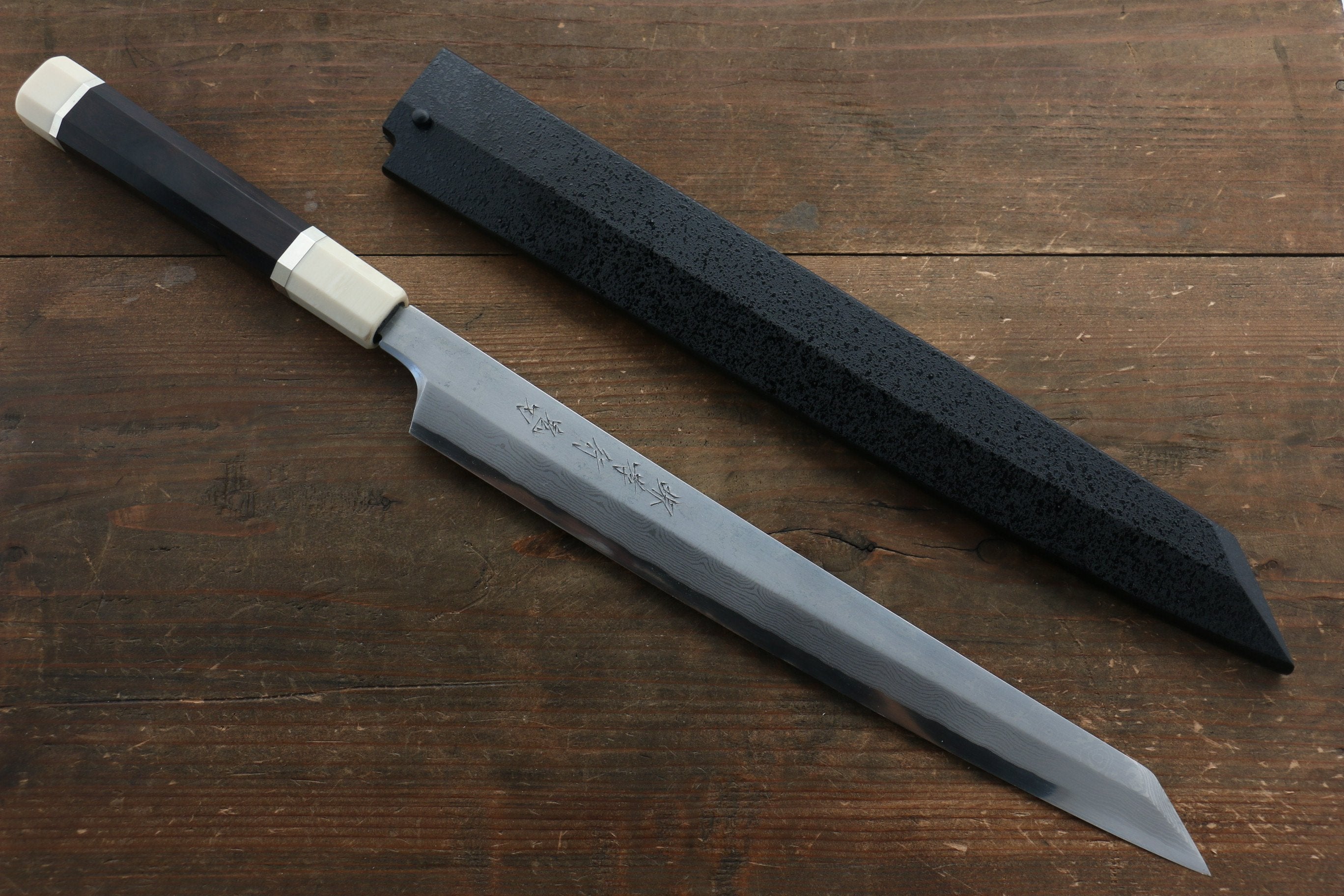 堺 孝行 銀三鋼 大馬士革紋 切付柳刃 300mm 黑檀(帶環型設計)握把 附刀鞘 - 清助刃物