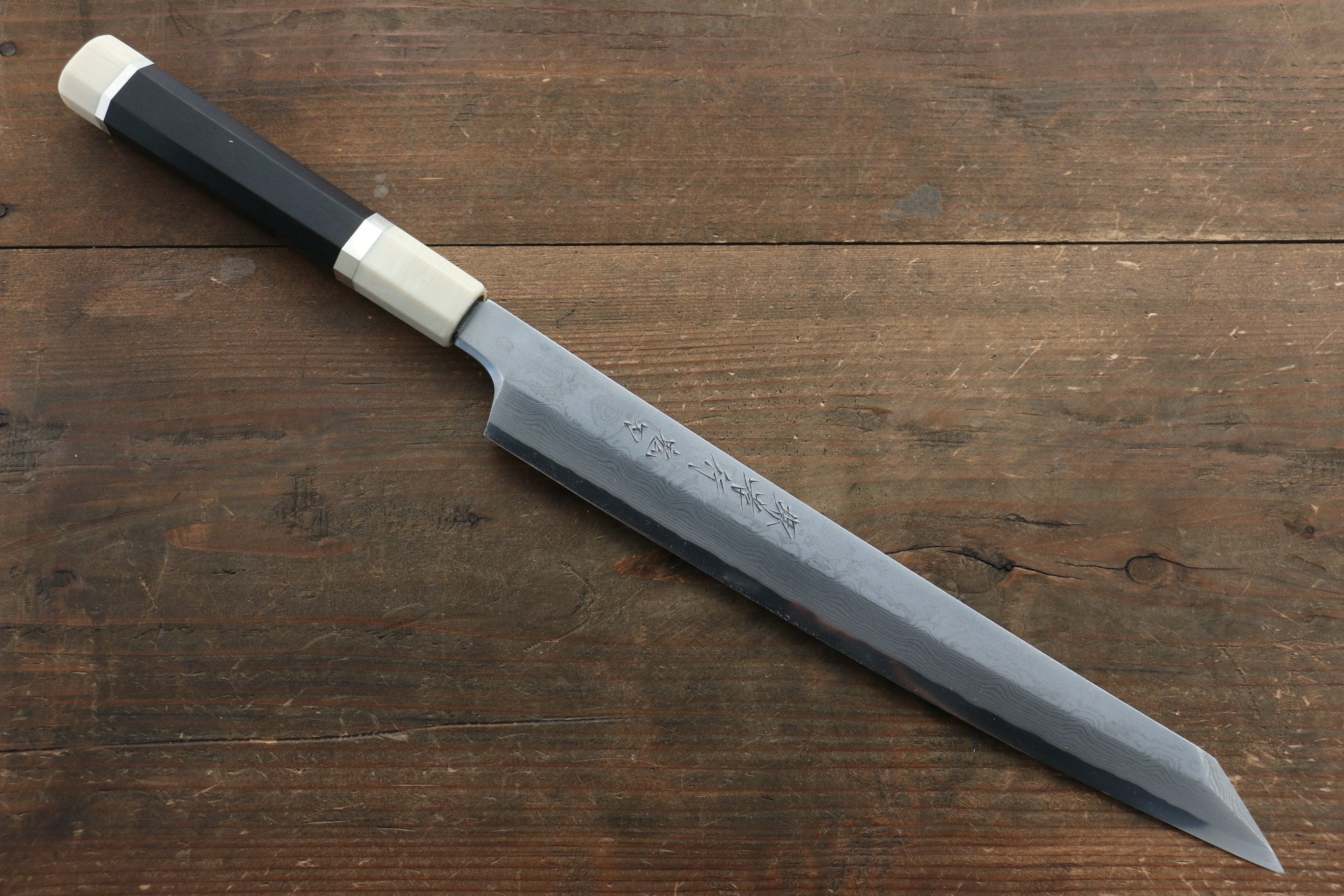 堺 孝行 銀三鋼 大馬士革紋 切付柳刃 270mm 黑檀(帶環型設計)握把 附刀鞘 - 清助刃物