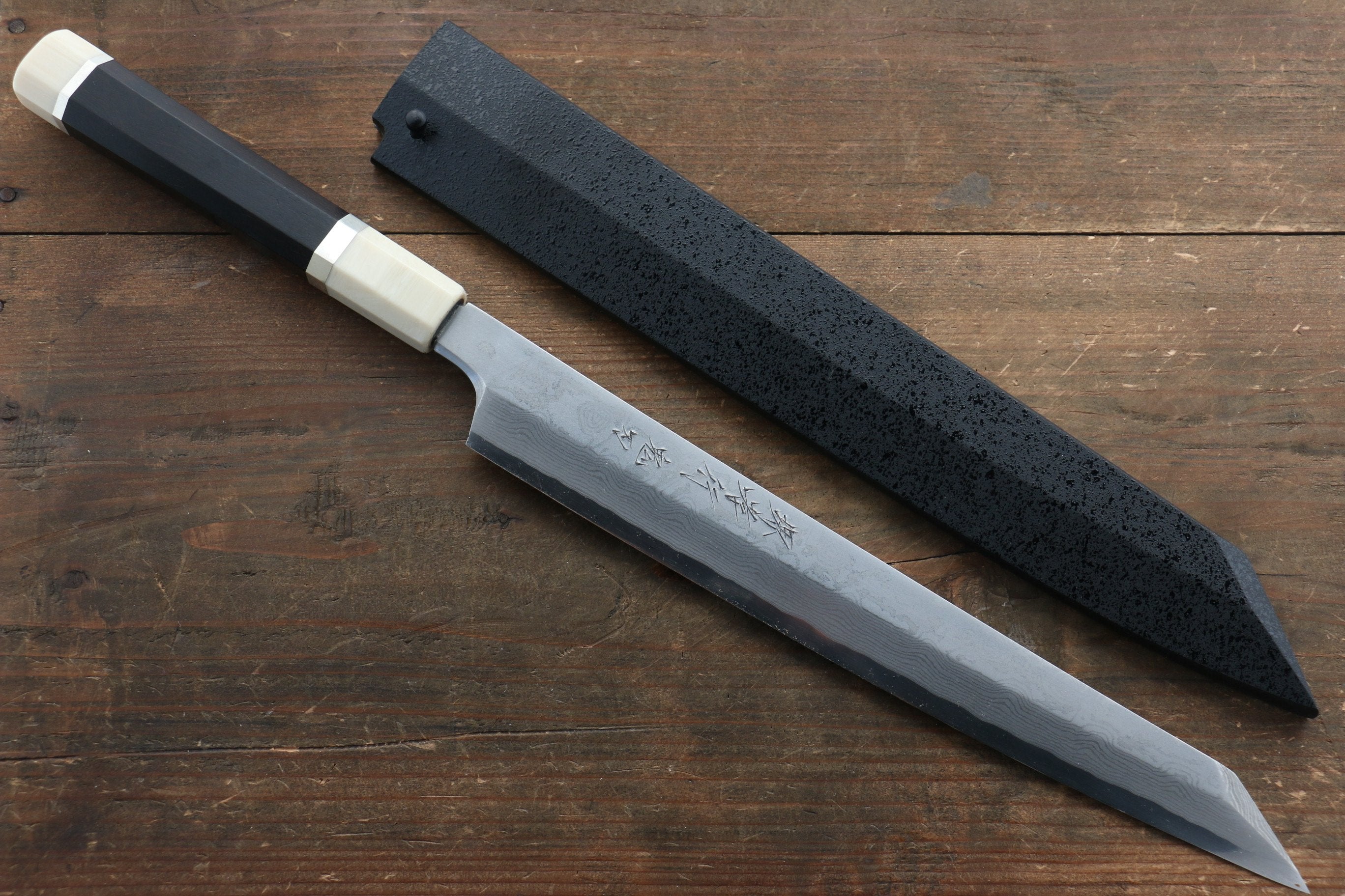 堺 孝行 銀三鋼 大馬士革紋 切付柳刃 270mm 黑檀(帶環型設計)握把 附刀鞘 - 清助刃物