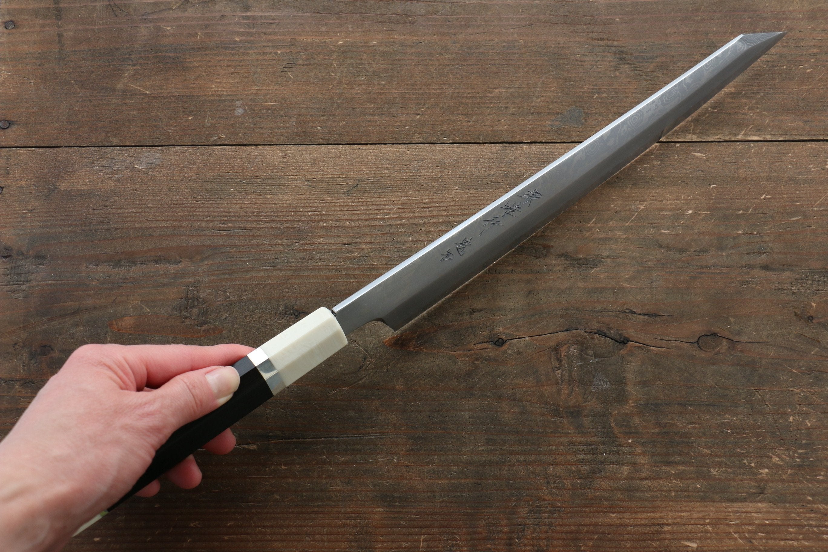 堺 孝行 銀三鋼 大馬士革紋 切付柳刃 270mm 黑檀(帶環型設計)握把 附刀鞘 - 清助刃物