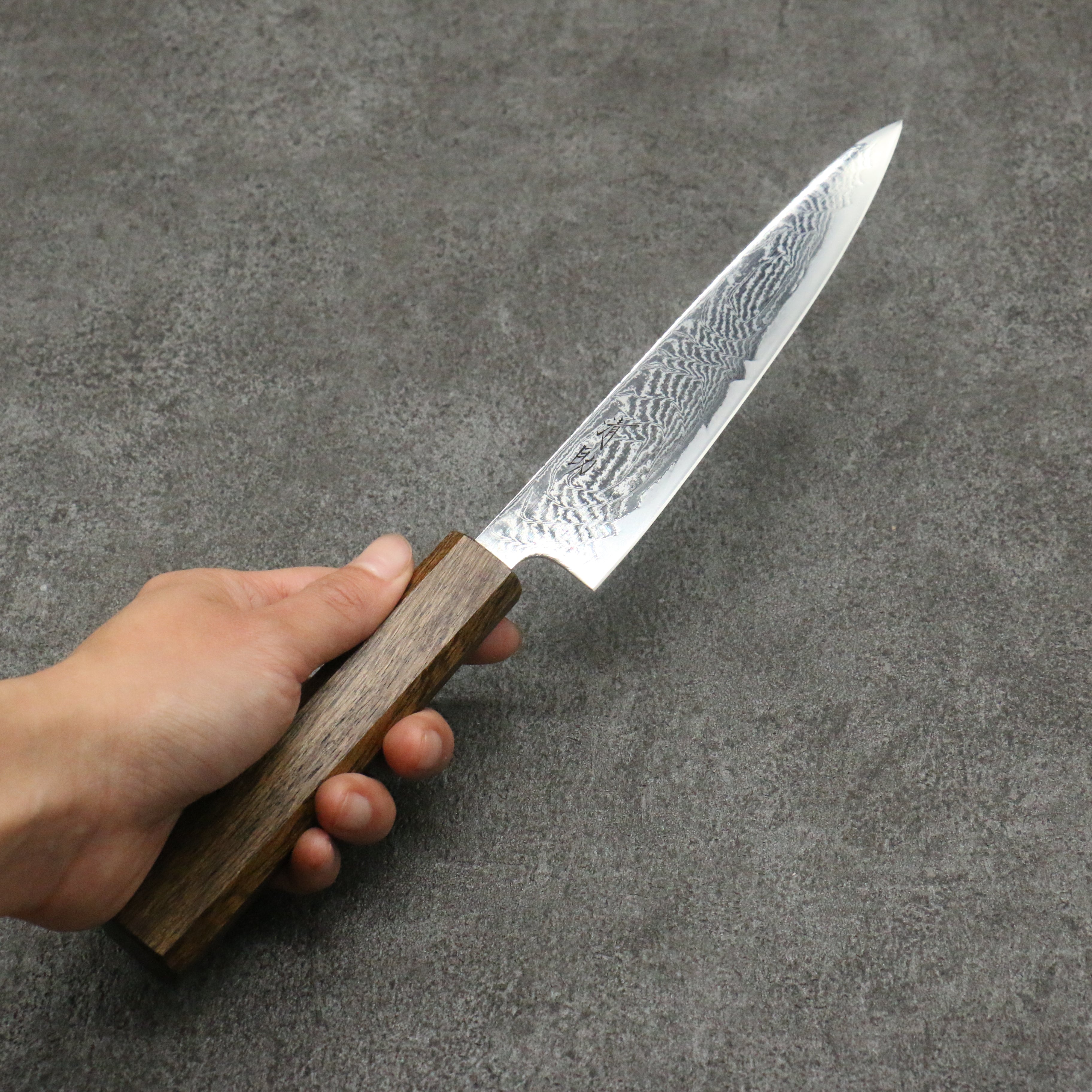 清助 海浪 AUS10 鏡面處理 大馬士革紋 多用途小刀 150mm 橡木 握把 - 清助刃物