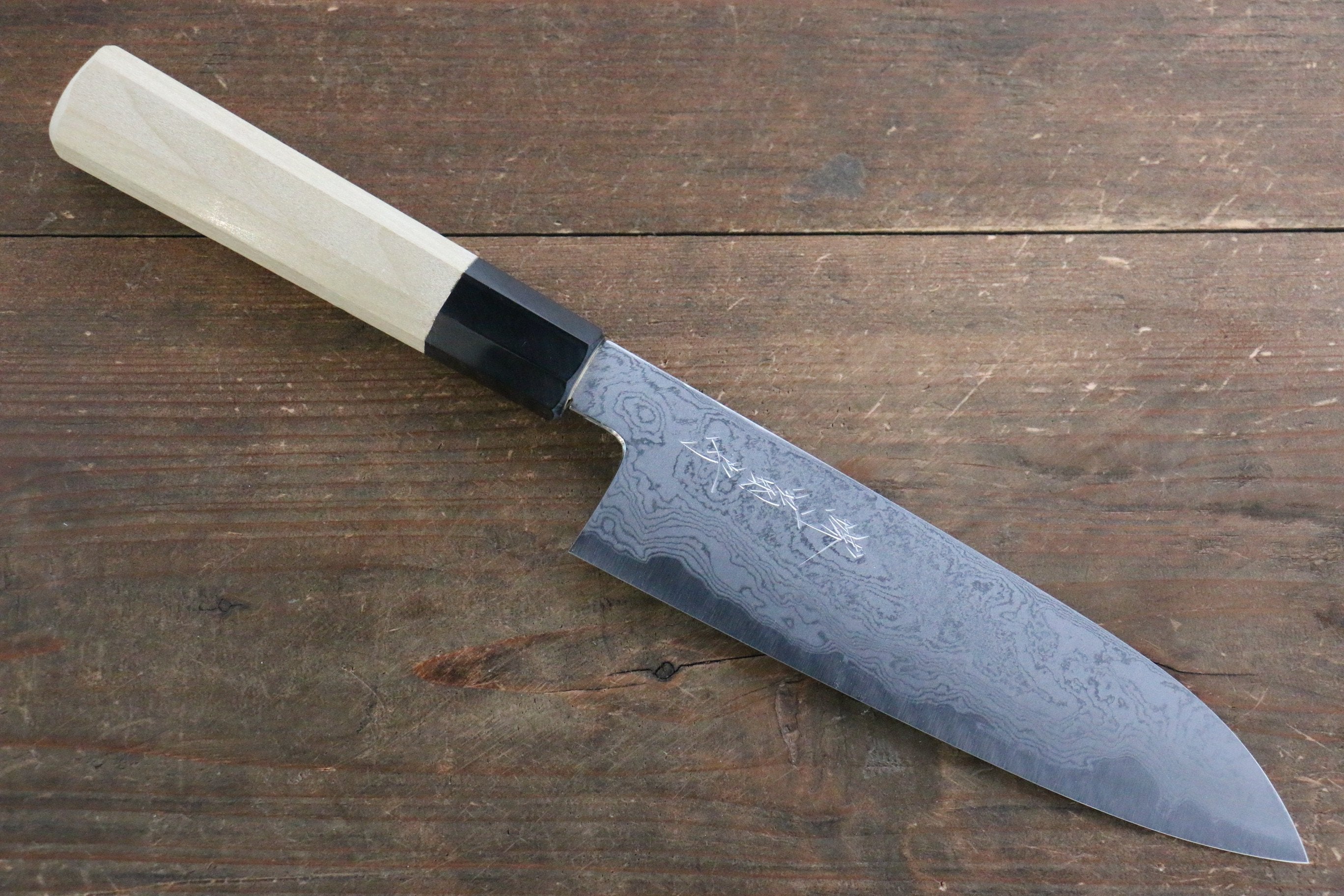堺 菊守 青鋼一號 大馬士革紋 三德刀 180mm 木蘭握把 - 清助刃物