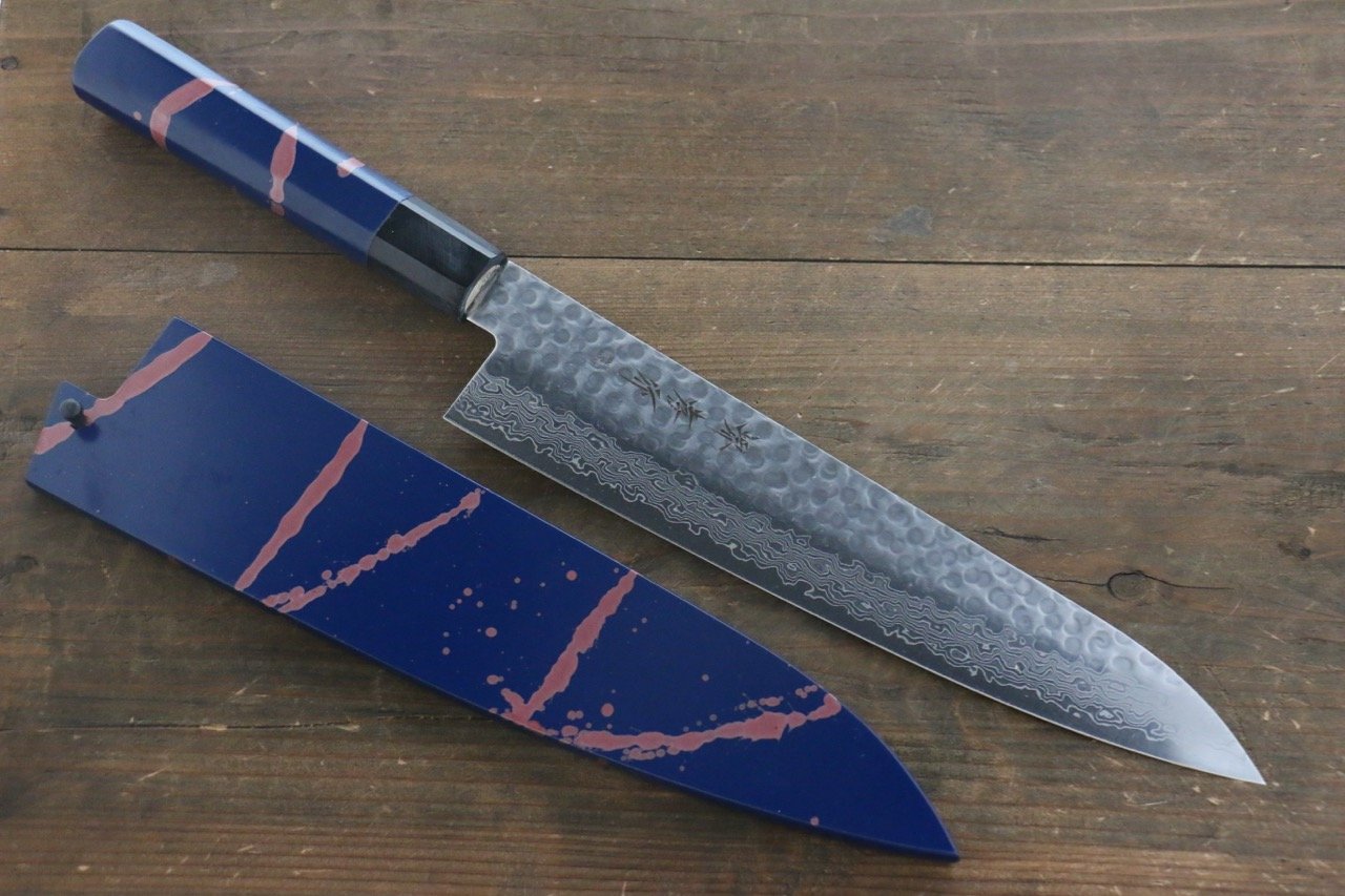 堺 孝行 45層大馬士革紋 鎚目 牛刀 240mm 青漆塗握把 - 清助刃物
