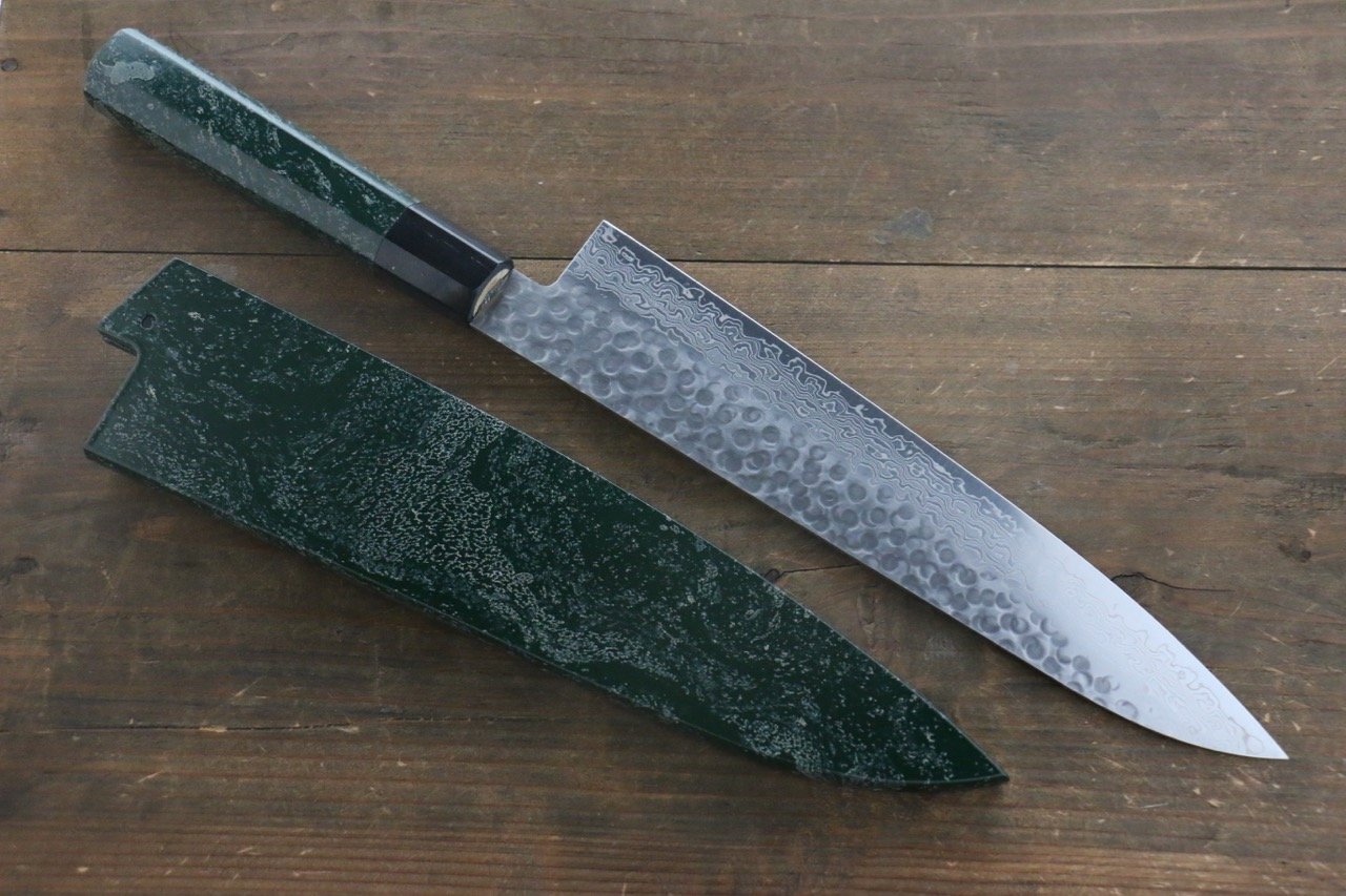 堺 孝行 45層大馬士革紋 鎚目 牛刀 240mm 綠漆塗握把 - 清助刃物