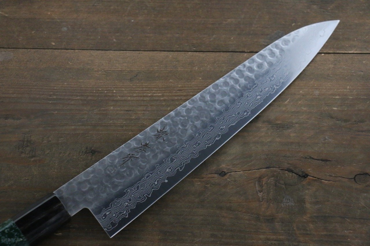堺 孝行 45層大馬士革紋 鎚目 牛刀 240mm 綠漆塗握把 - 清助刃物