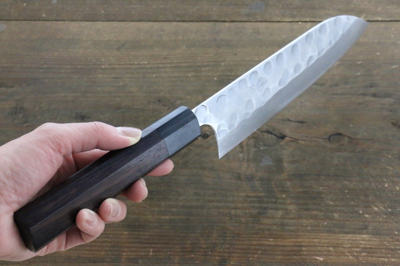 清助 青鋼二號 鎚目 大馬士革紋 三德刀 180mm 紫檀木 握把 - 清助刃物