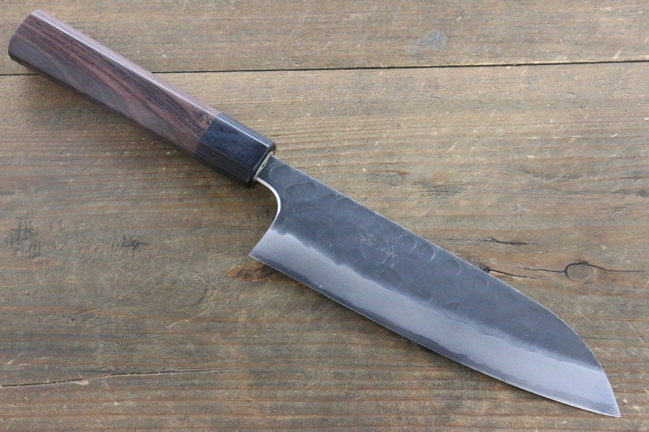 清助 青鋼二號 鎚目 黑打 三德刀 180mm 紫檀木 握把 - 清助刃物