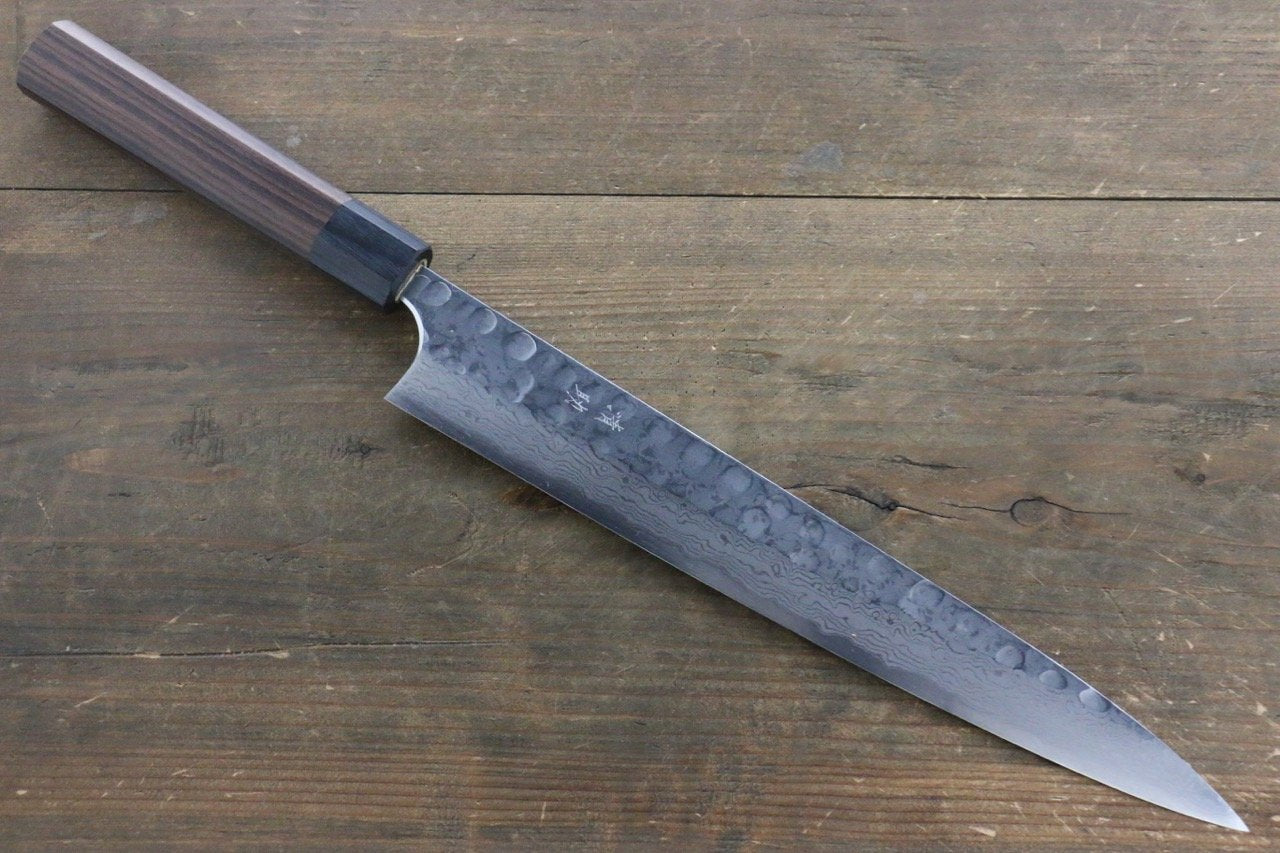 清助 青鋼二號 鎚目 大馬士革紋 柳刃 270mm 紫檀木 握把 - 清助刃物
