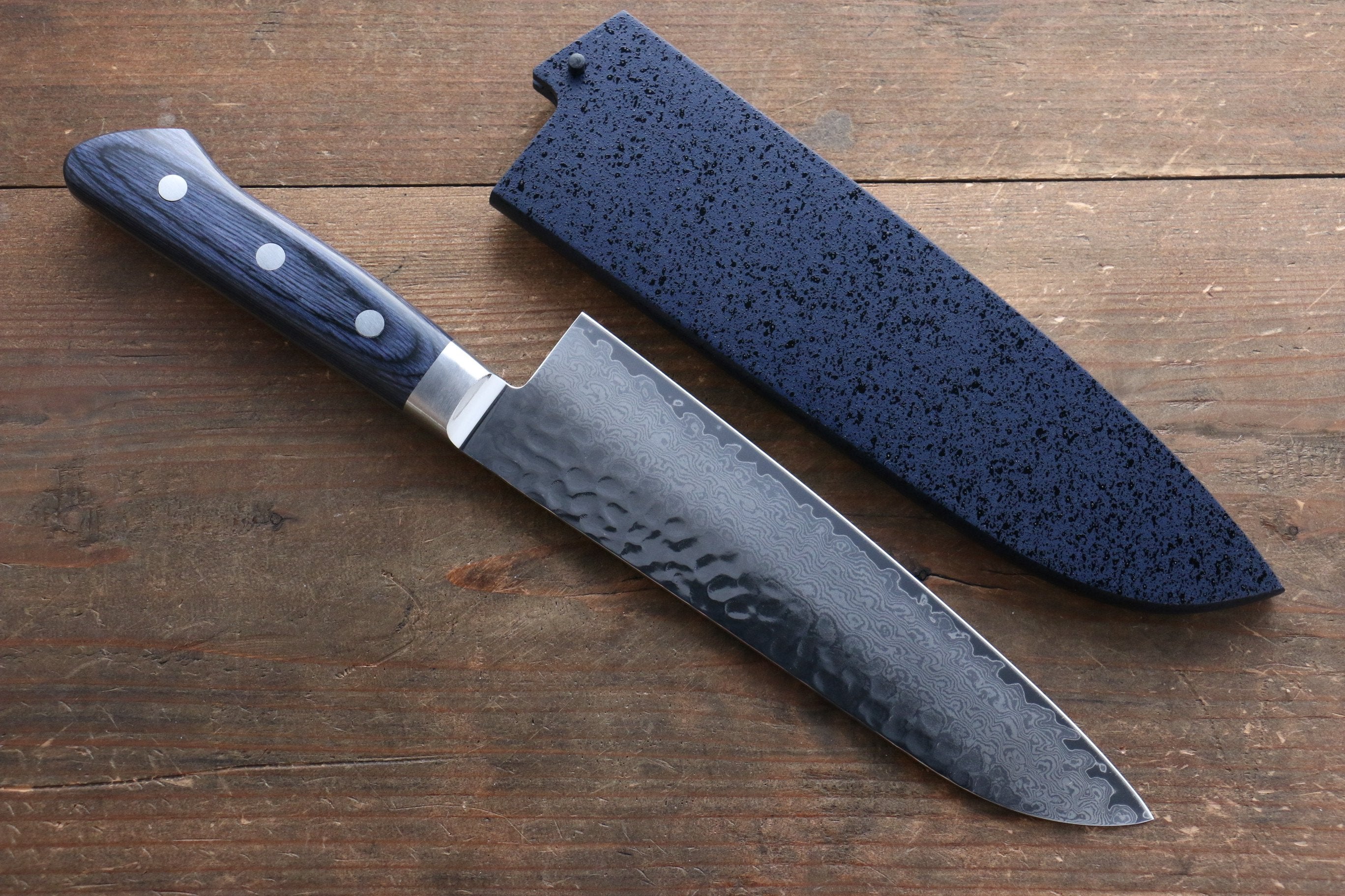 清助 藍雲 VG10 33層 大馬士革紋 三德刀 180mm 青合成木 握把 附刀鞘 - 清助刃物