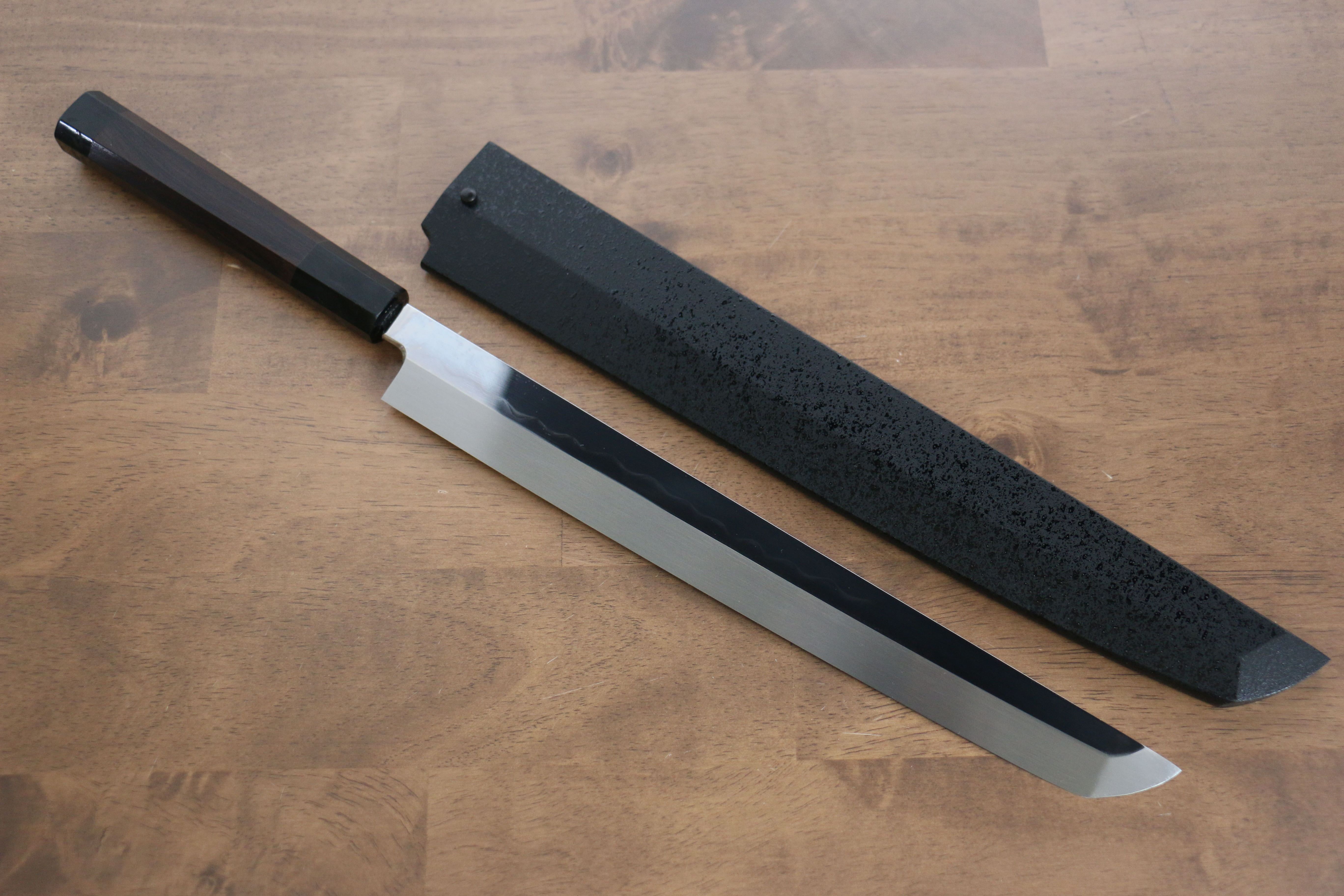 堺 孝行 水本燒 白鋼二號 鏡面處理 先丸柳刃 300mm 黑檀(兩側帶水牛環型設計) 握把 附刀鞘 - 清助刃物