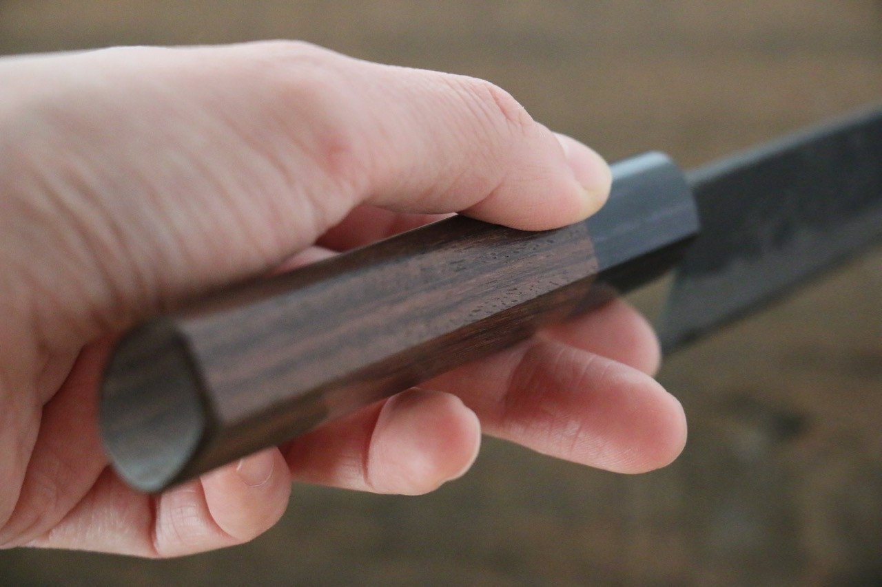 尾形 峻吾 白鋼二號 黑打 大馬士革紋 多用途小刀 150mm 紫檀木 握把 - 清助刃物