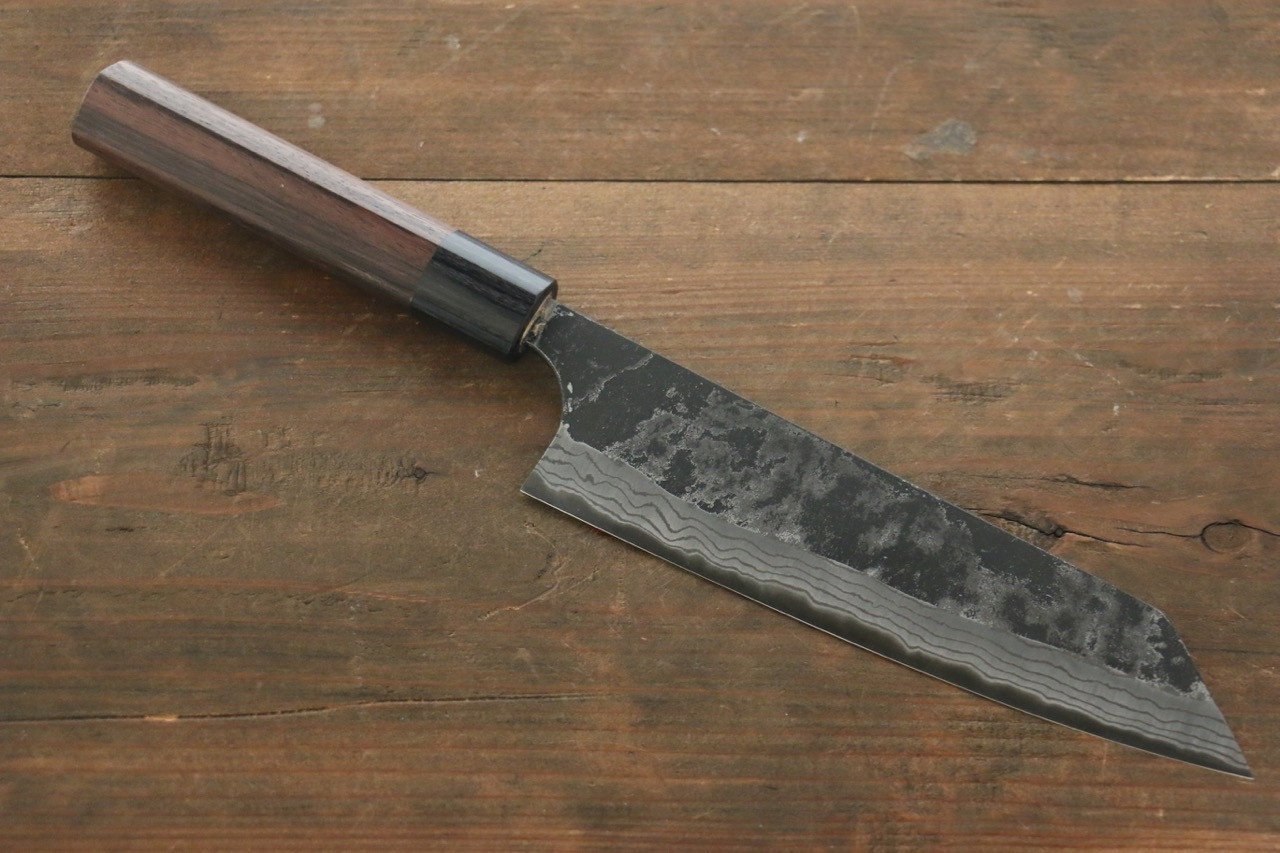 尾形 峻吾 白鋼二號 黑打 大馬士革紋 文化刀 180mm 紫檀木 握把 - 清助刃物