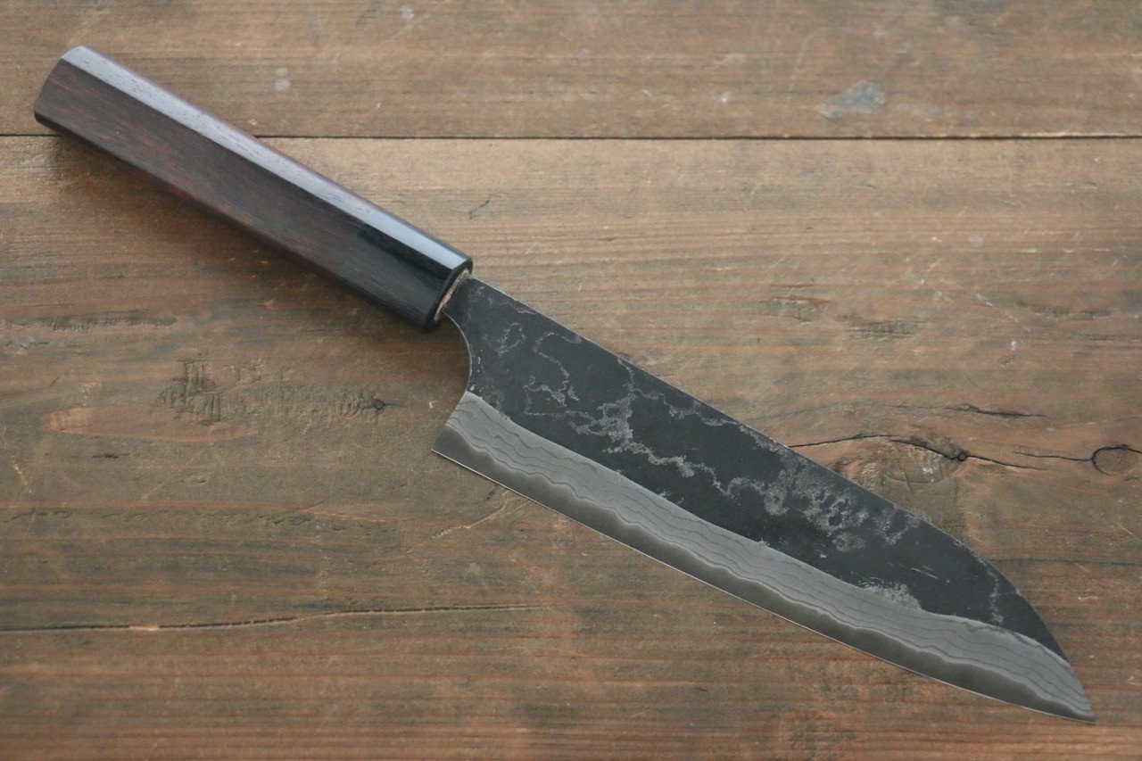 尾形 峻吾 白鋼二號 黑打 大馬士革紋 三德刀 180mm 紫檀木 握把 - 清助刃物